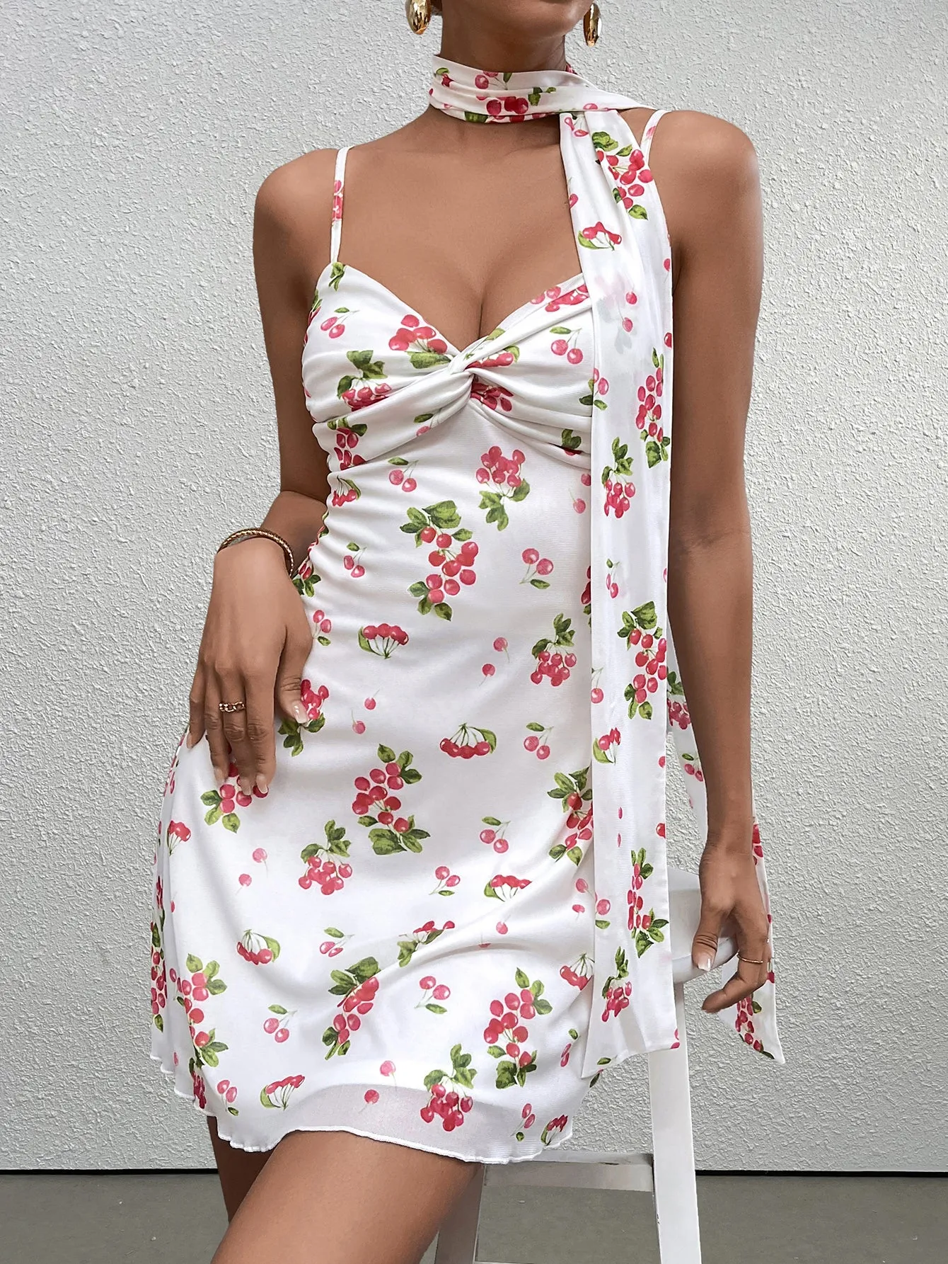 Ruched Twist Bust Backless Floral Cami Dress