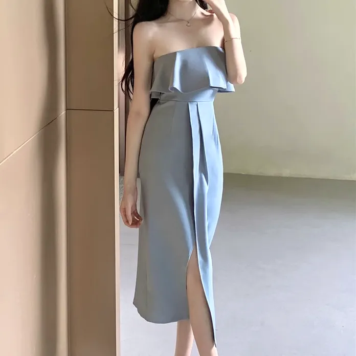 Ruffled Slit Slim High Waist Tube Dress