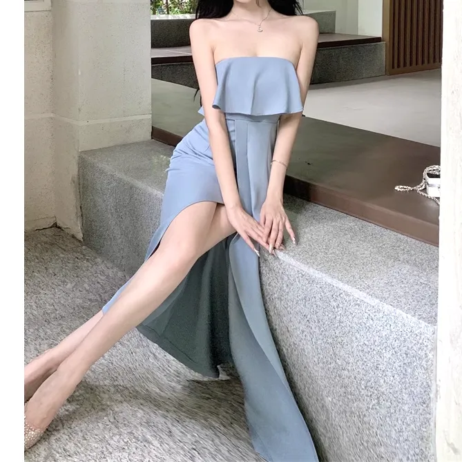 Ruffled Slit Slim High Waist Tube Dress