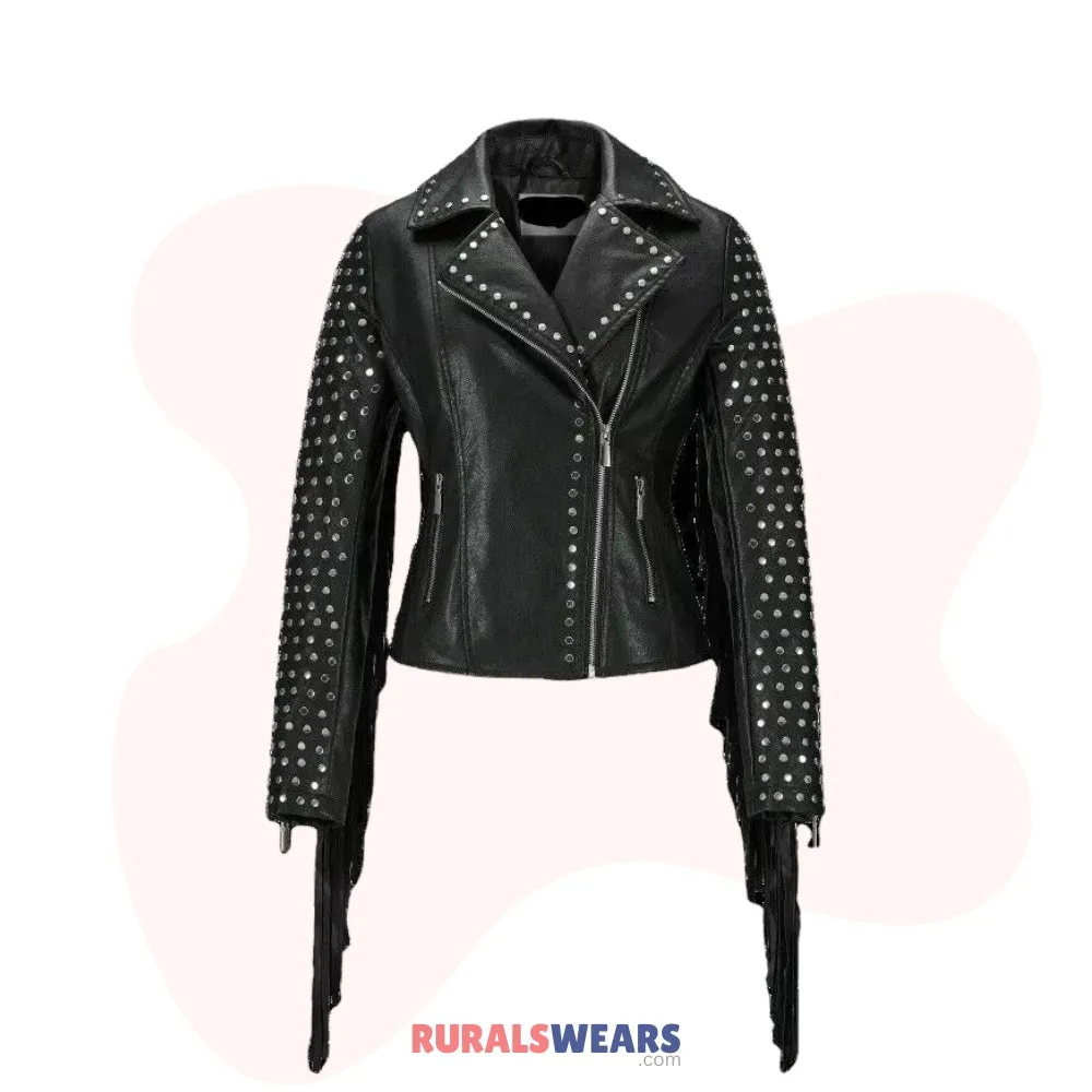 RW Authentic Sheepskin Womens Fashion Fringed Short Moto Studded Jacket