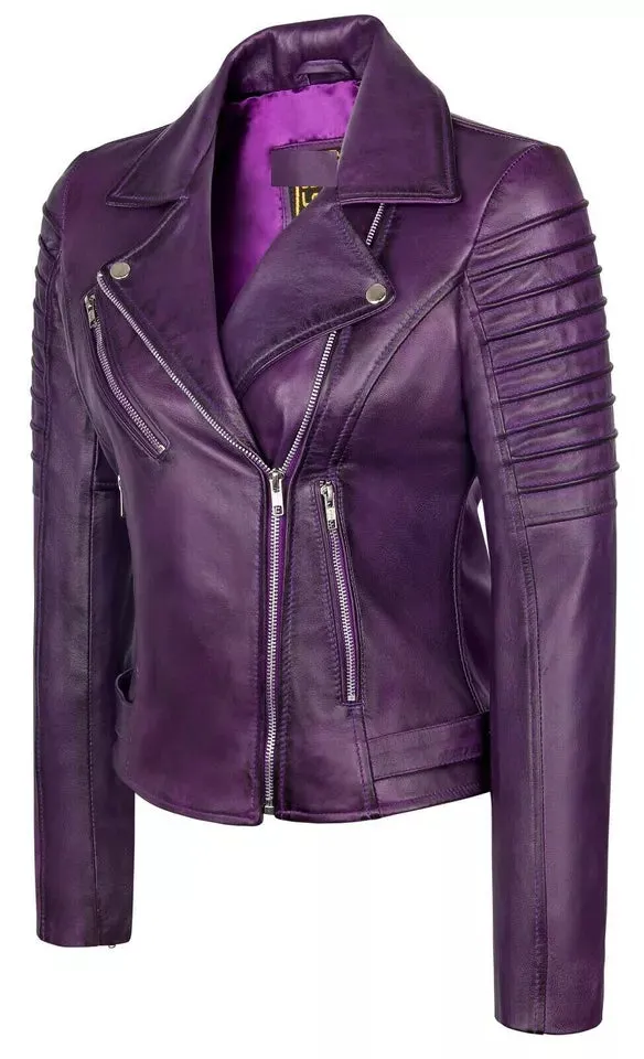 RW Authentic Sheepskin Women’s Purple Motorcycle Jacket