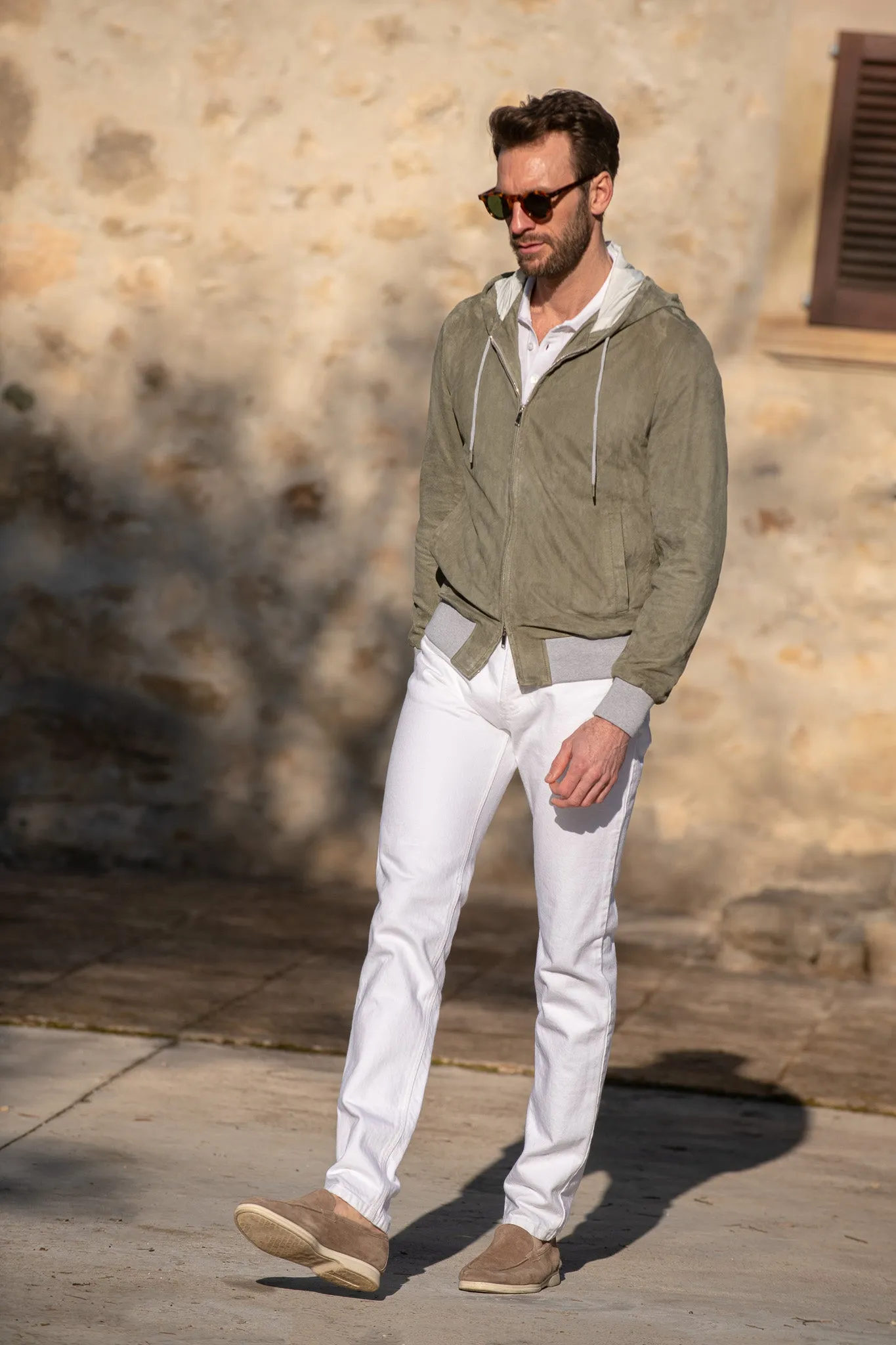 Sage suede hooded bomber jacket – Made in Italy