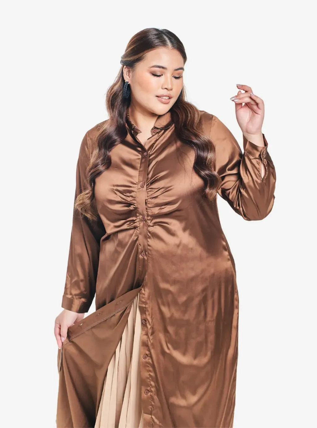 Satin Longline Ruched Shirt Dress