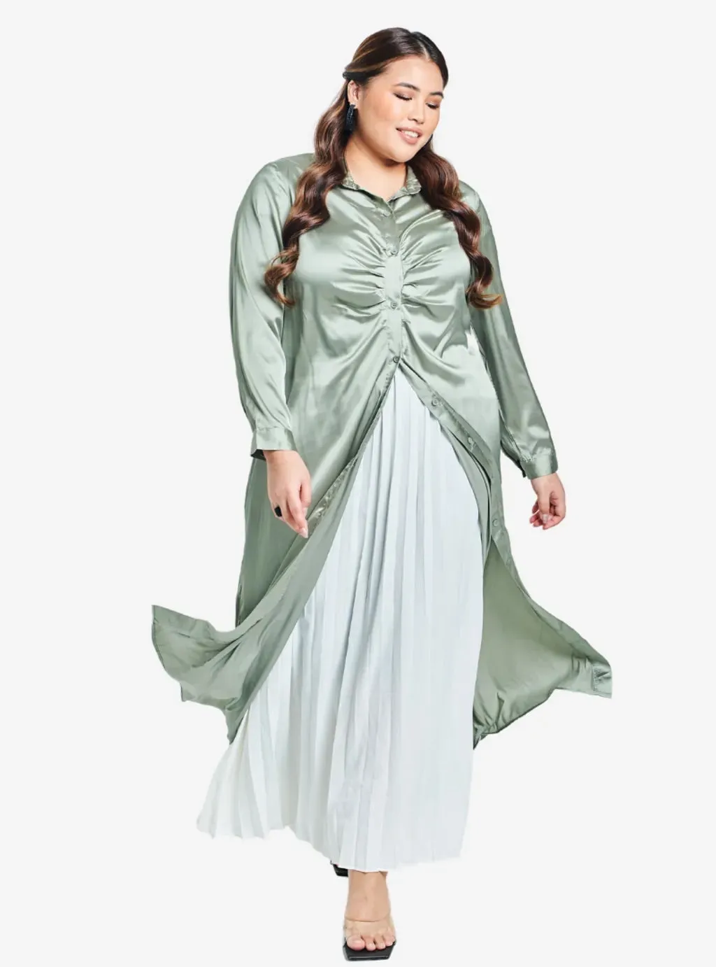 Satin Longline Ruched Shirt Dress