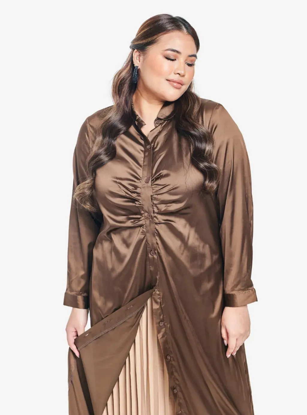 Satin Longline Ruched Shirt Dress