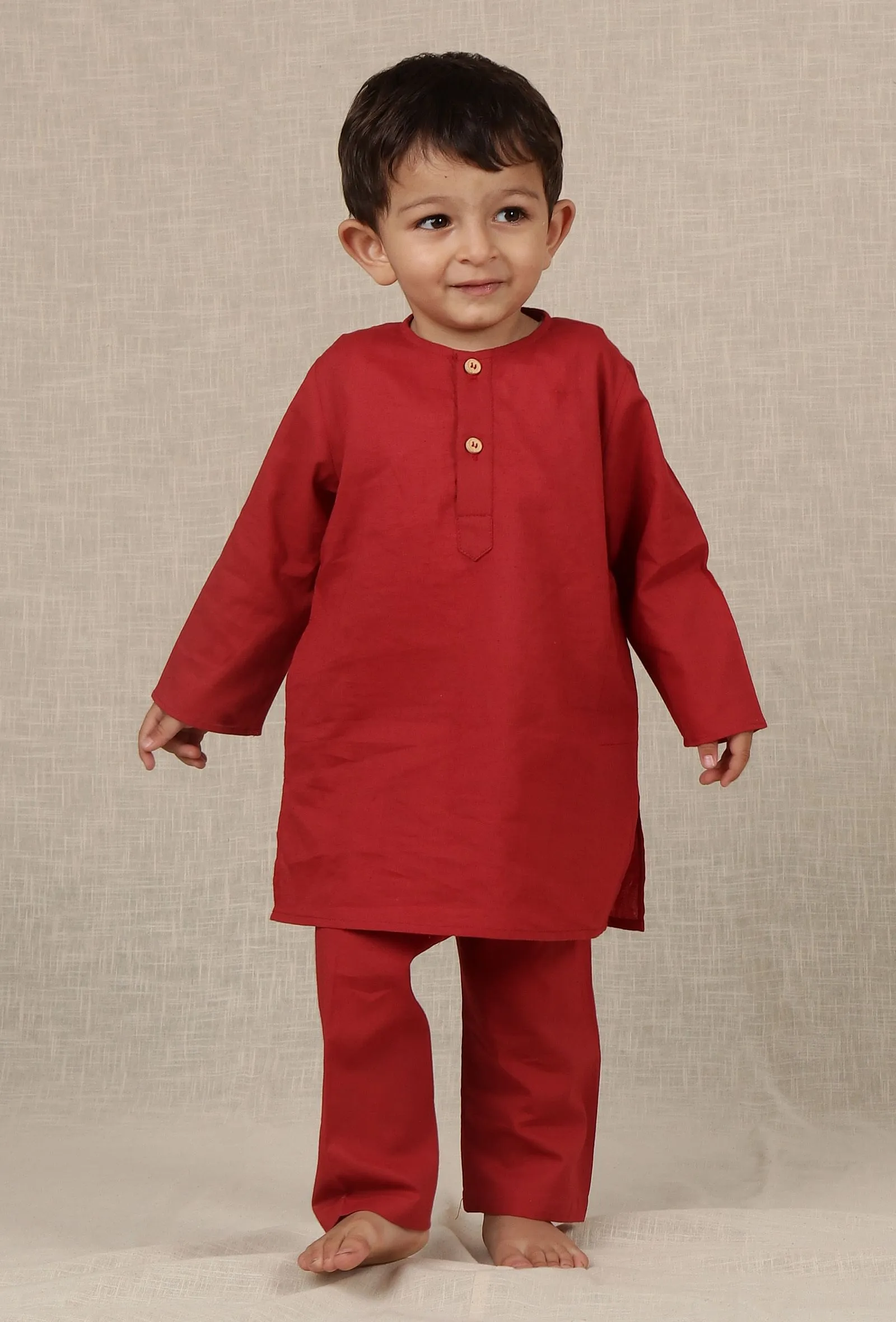 Set Of 3: Ahim Maroon Red Cotton Kurta, Pyjama With Kalamkari Nehru Jacket