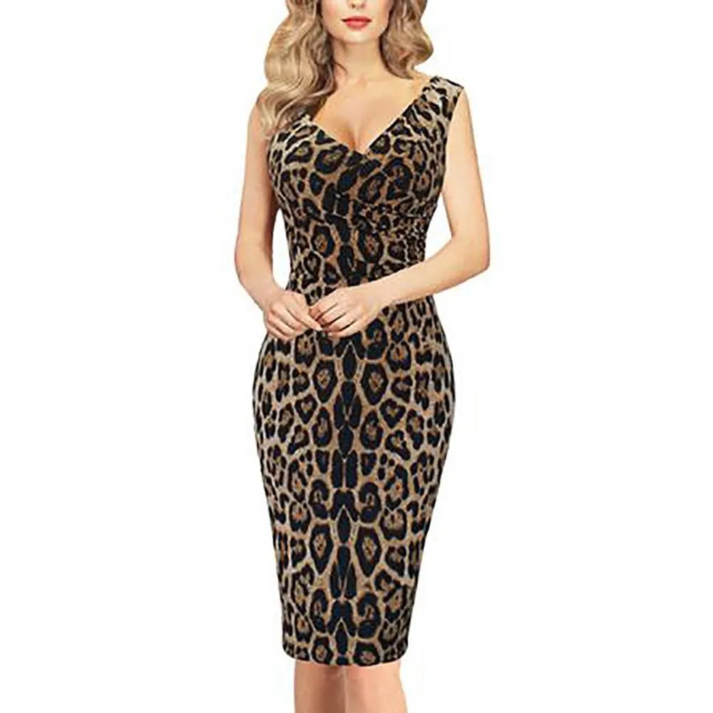 Sexy Leopard V-Neck Sleeveless Bodycon Dress