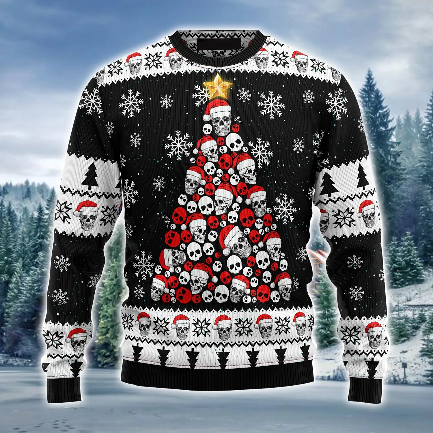 Skull Pine Tree Ugly Christmas Sweater, Christmas Pattern Ugly Sweater For Men & Women