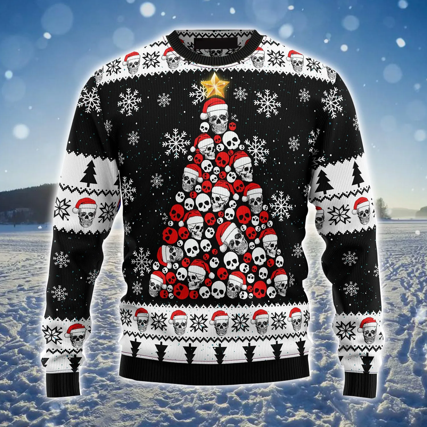 Skull Pine Tree Ugly Christmas Sweater, Christmas Pattern Ugly Sweater For Men & Women