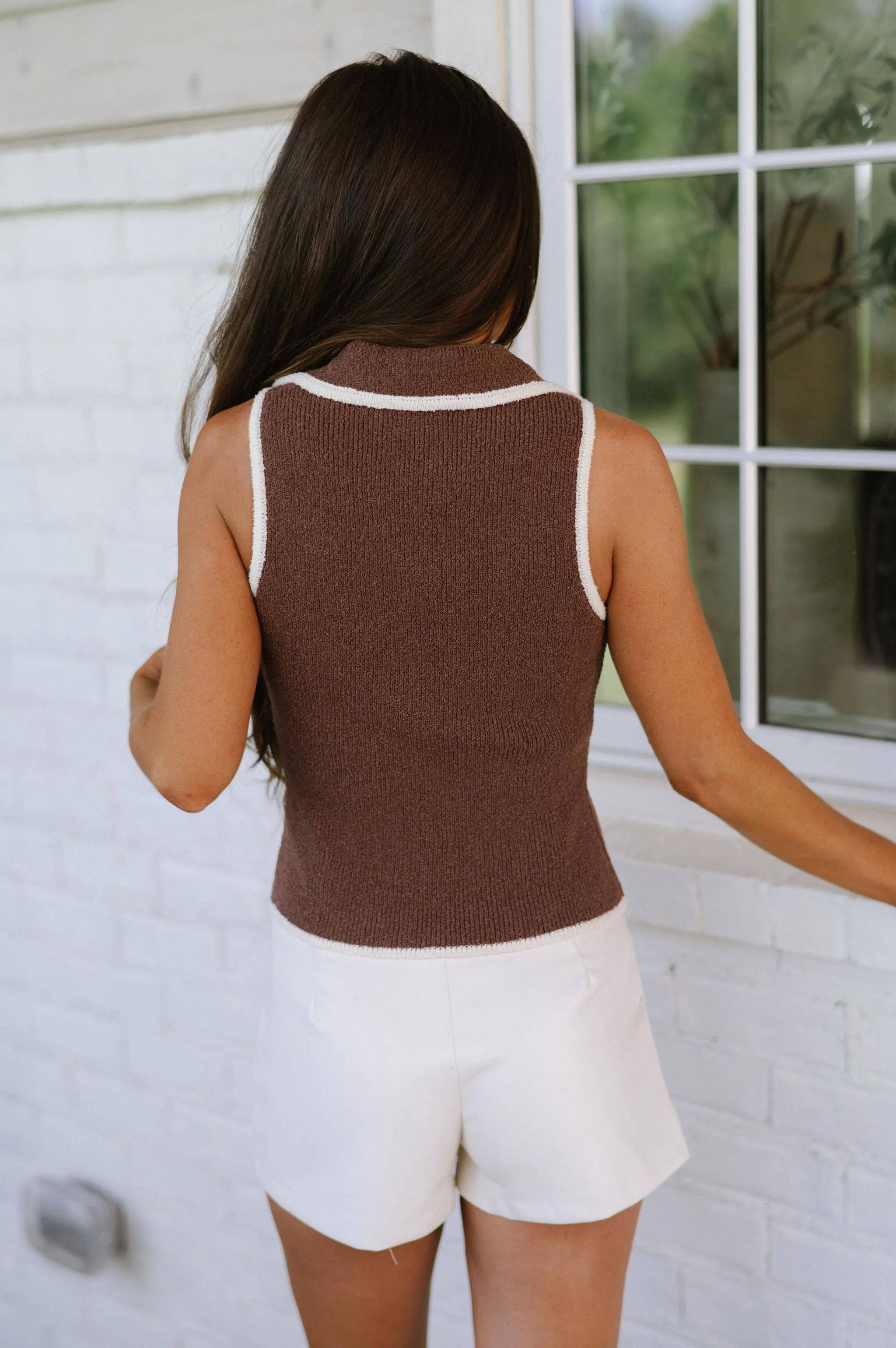 Sleeveless Button Down Sweater - Brown/Cream