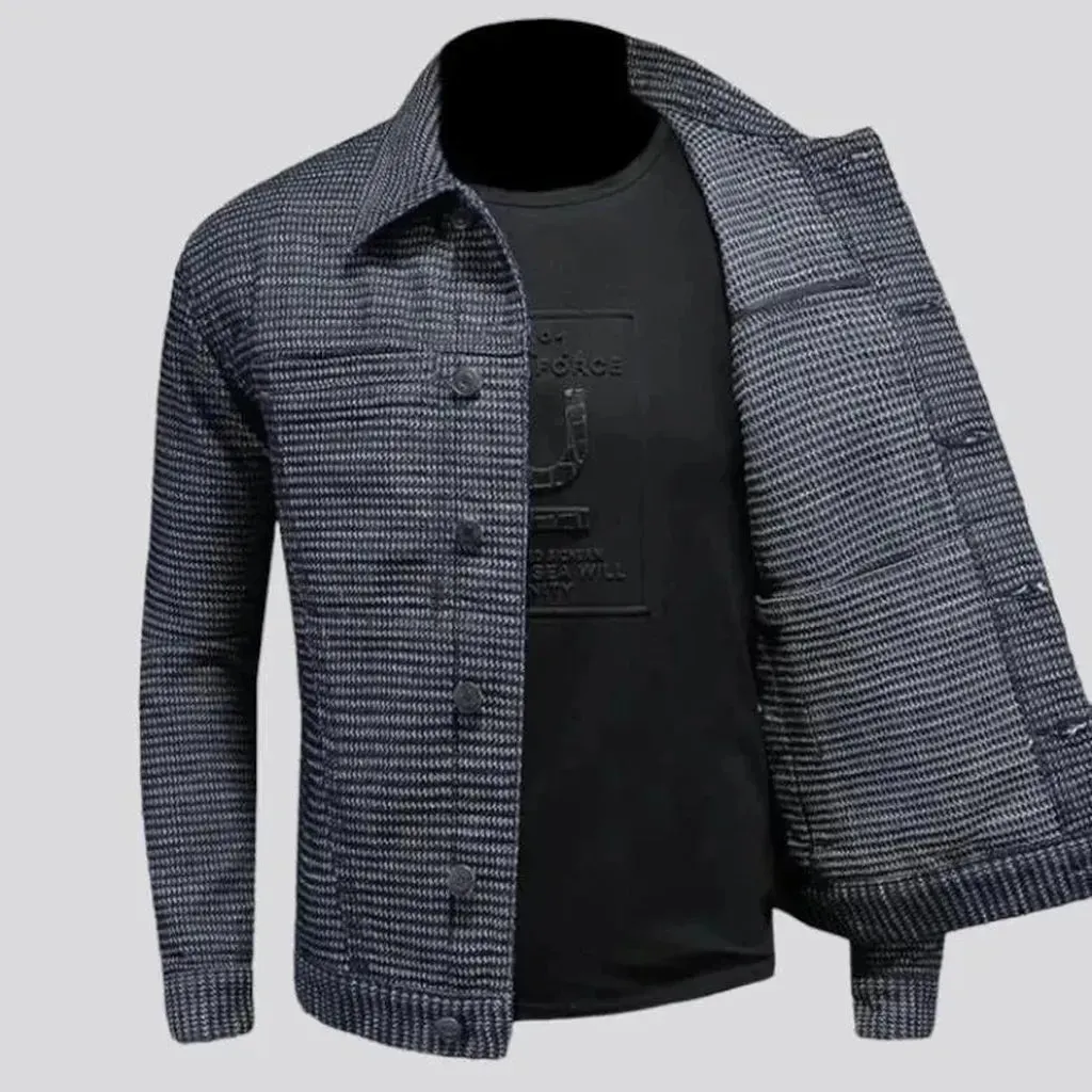 Slim ornament-print men's denim jacket