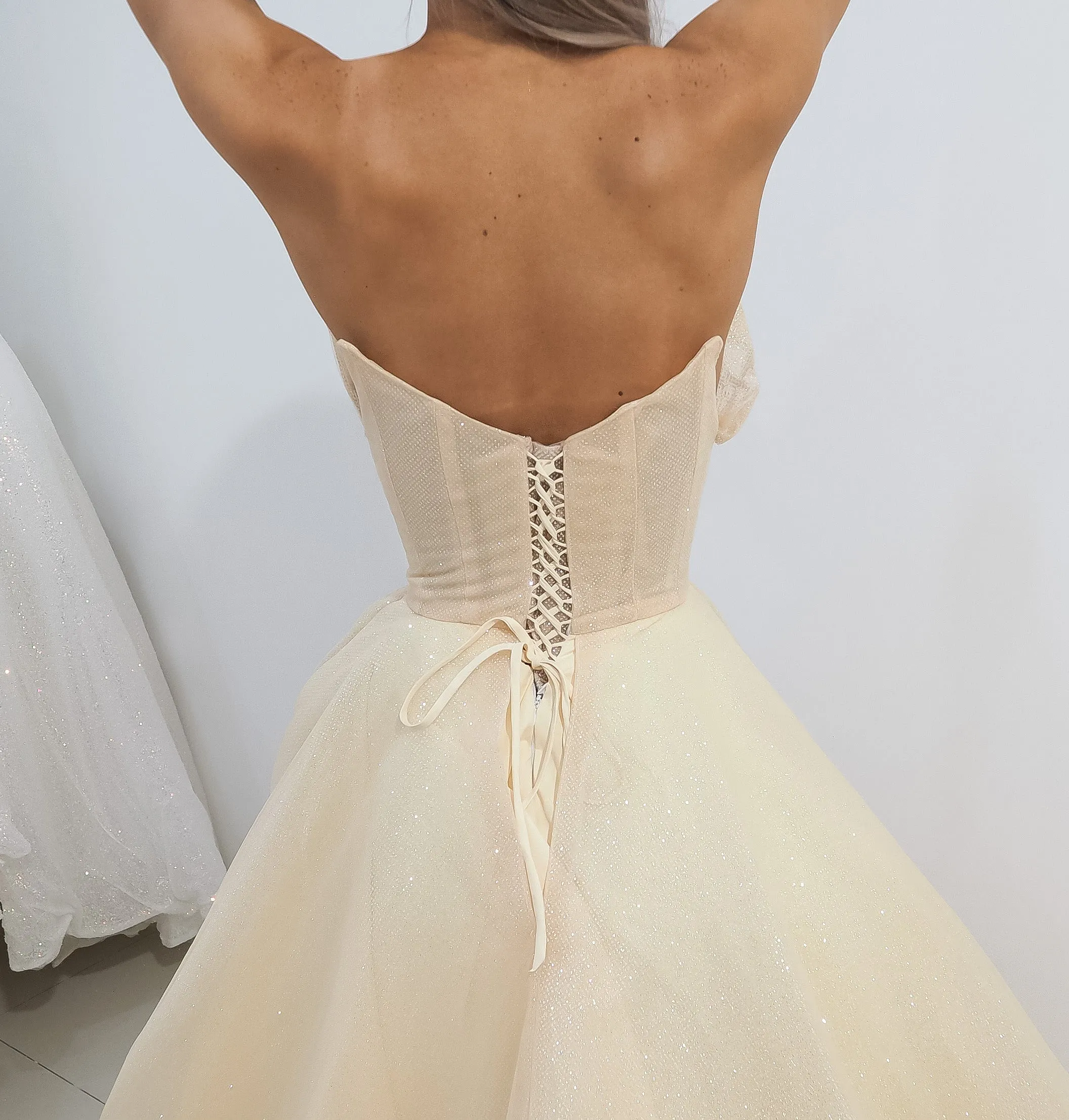 Strapless sparkling light gold tulle princess dress for hire