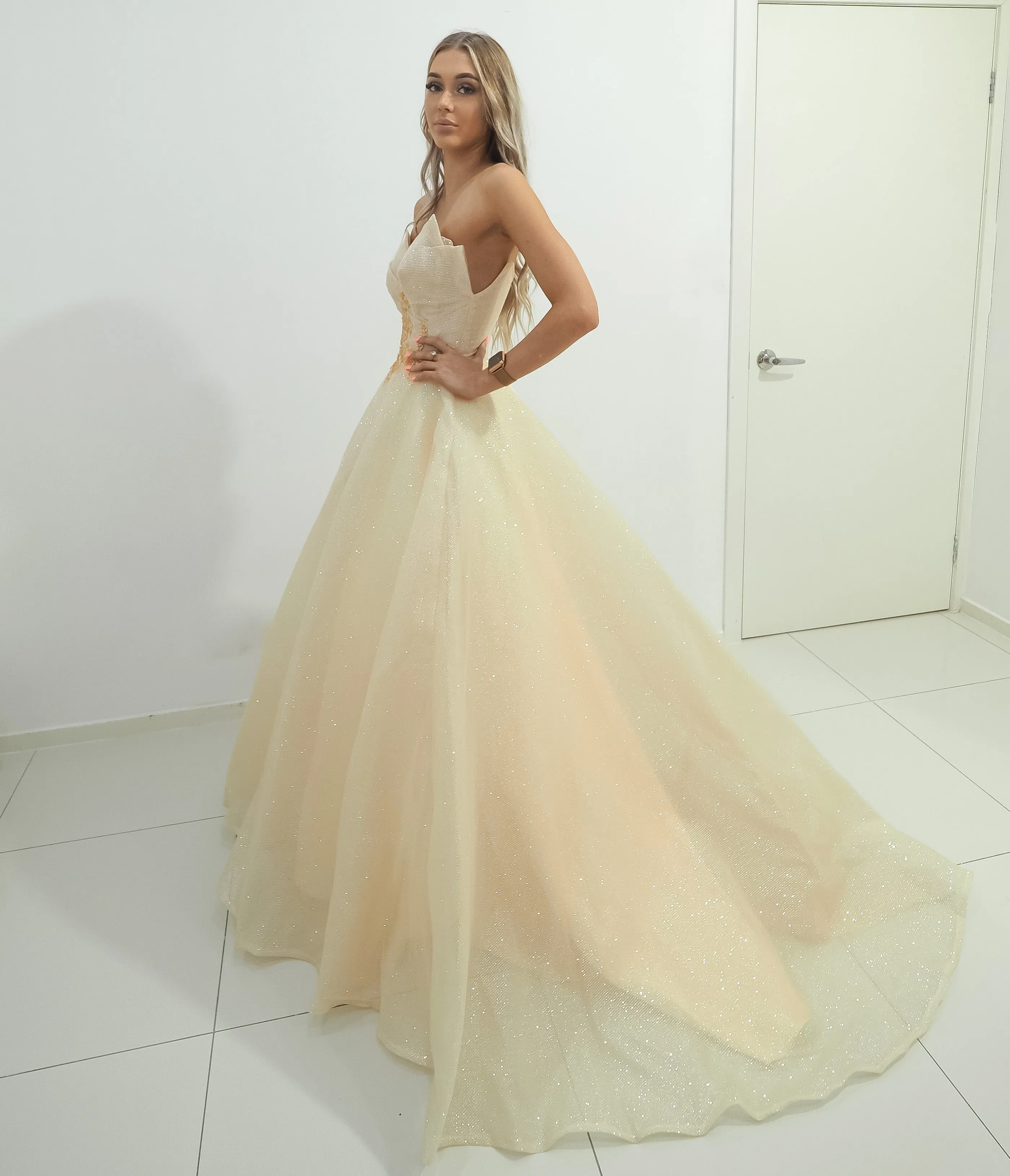 Strapless sparkling light gold tulle princess dress for hire