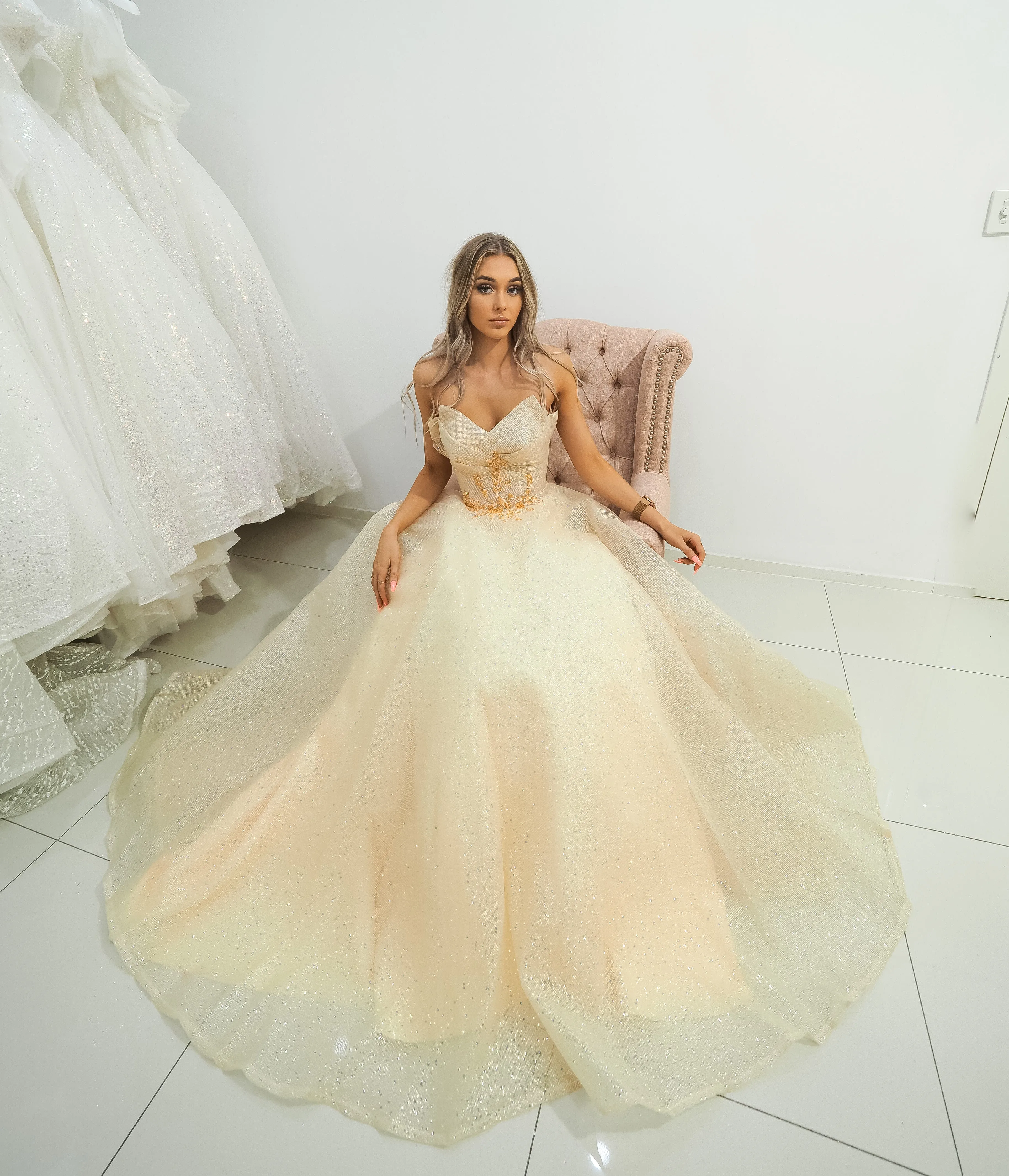 Strapless sparkling light gold tulle princess dress for hire