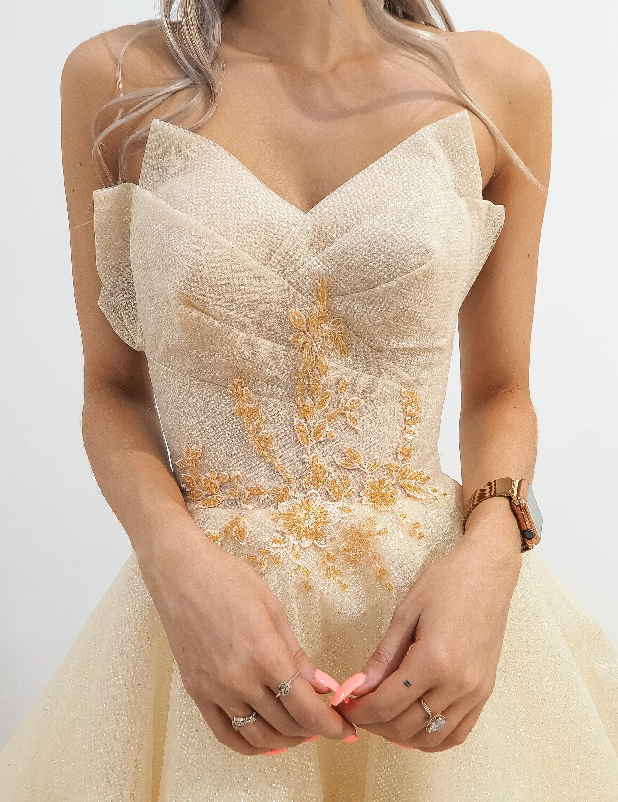 Strapless sparkling light gold tulle princess dress for hire