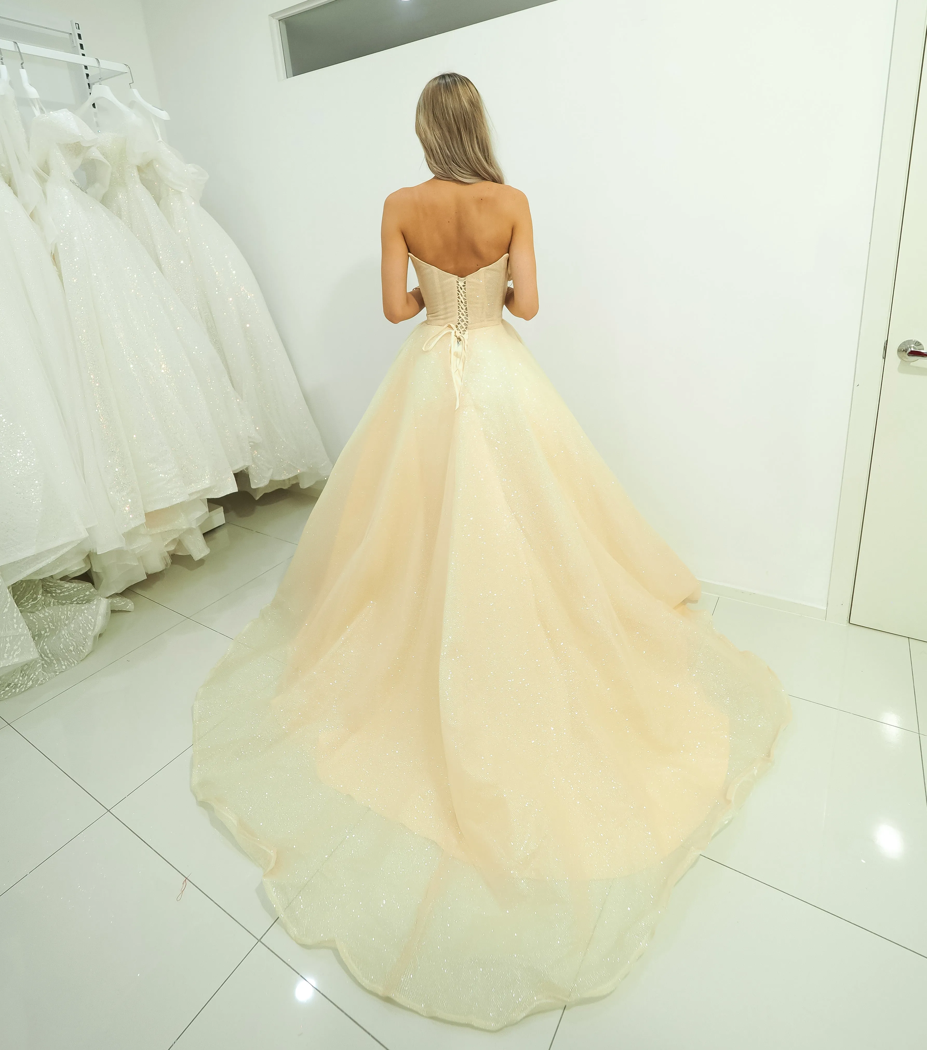 Strapless sparkling light gold tulle princess dress for hire