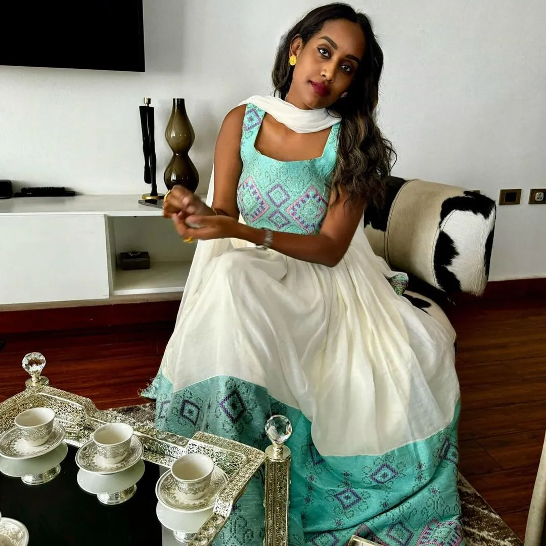 Stylish Blue Habesha Dress with Crop Top and Skirt Modern Habesha Kemis