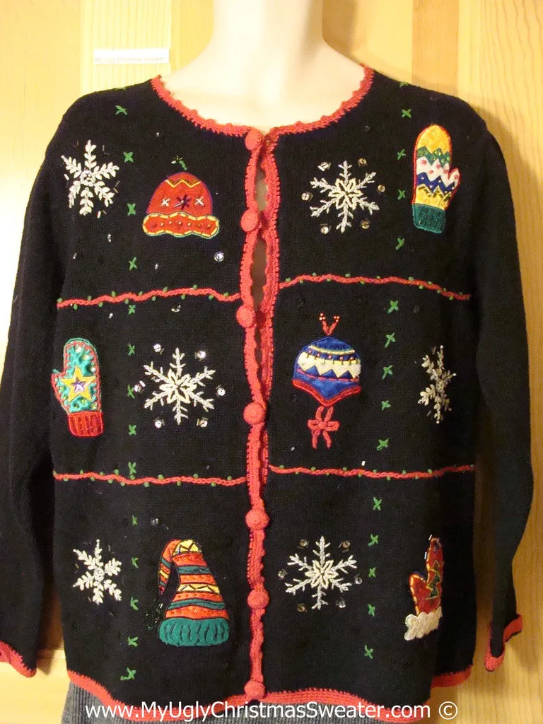 Tacky Cheesy Holiday Sweater with Crafty Grid of Mittens, Hats, and Snowflakes(f1139)