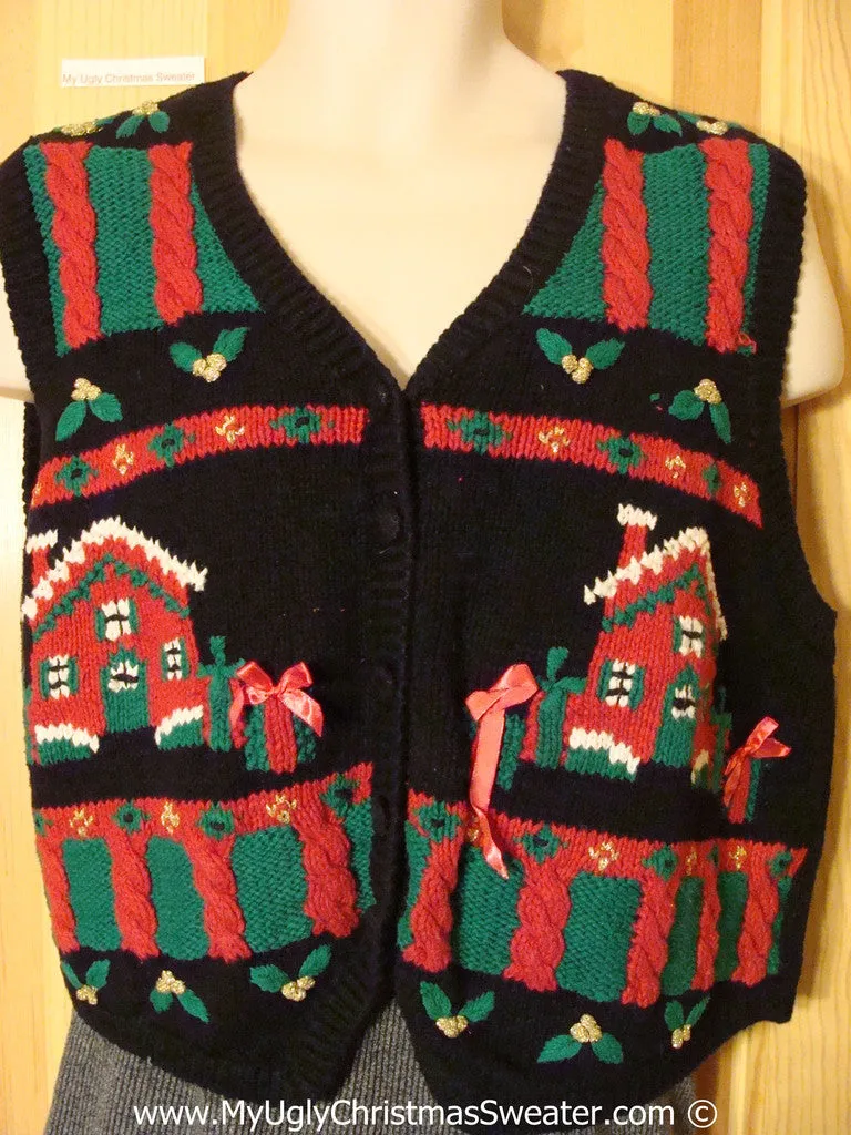 Tacky Christmas Sweater Vest with Snowy Houses (f1360)