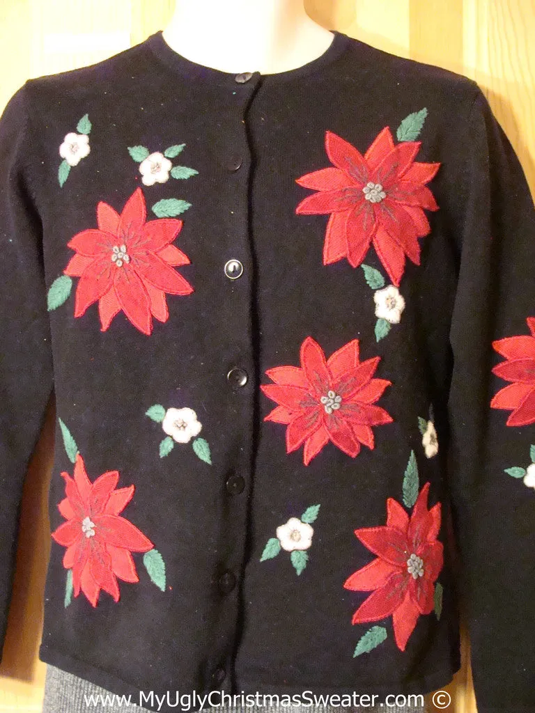 Tacky Holiday Sweater with Huge Red Poinsettias on Front, Back (one on back), and Sleeves (f1007)