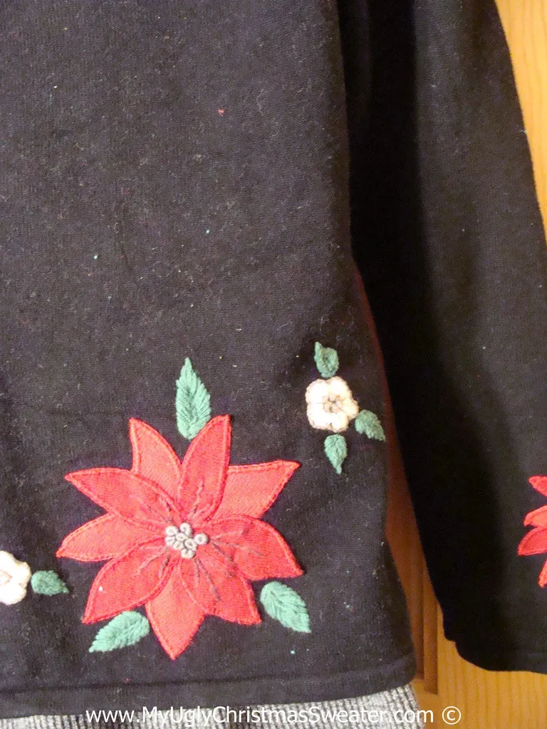 Tacky Holiday Sweater with Huge Red Poinsettias on Front, Back (one on back), and Sleeves (f1007)