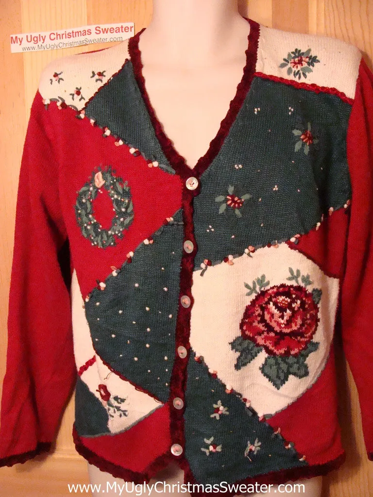 Tacky Ugly Christmas Sweater with Giant Red Rose and Poinsettias in a Horrid Grid Pattern (f40)