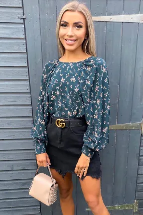 Teal Floral Balloon Sleeve Blouse