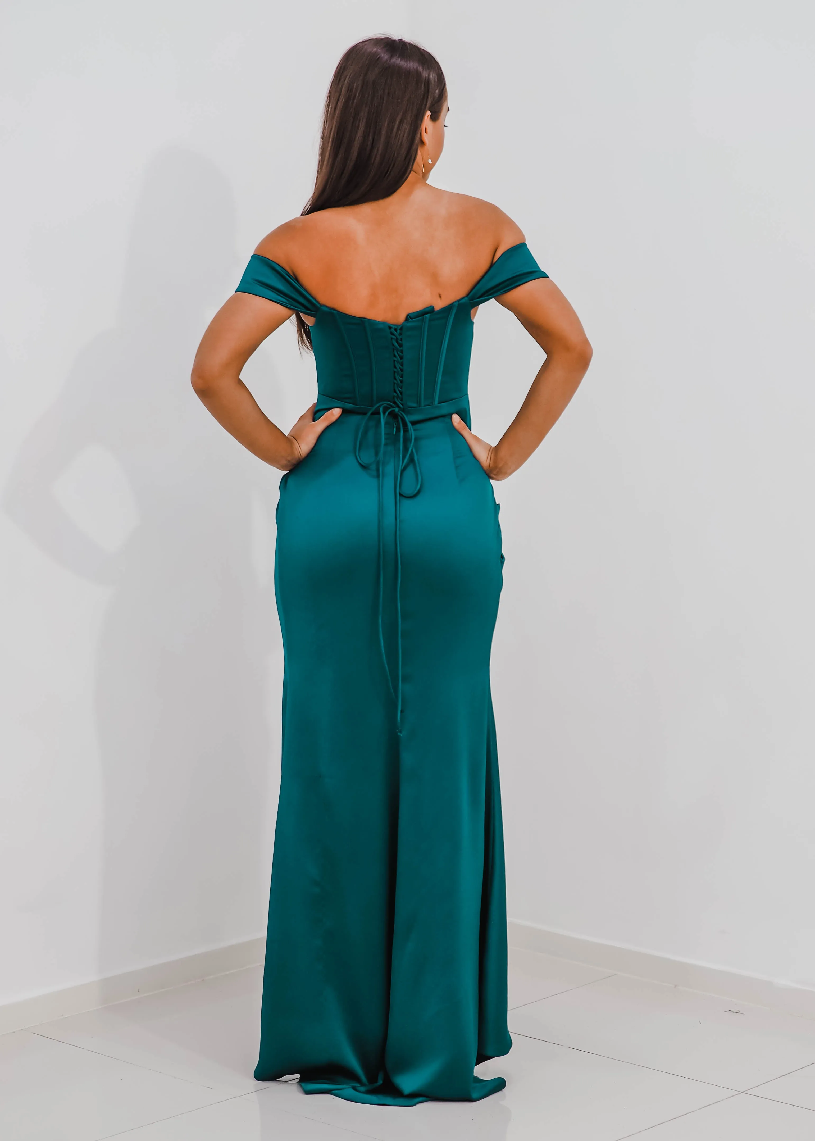 Teal Satin mermaid dress with ribbed corset and off the shoulder sleeves