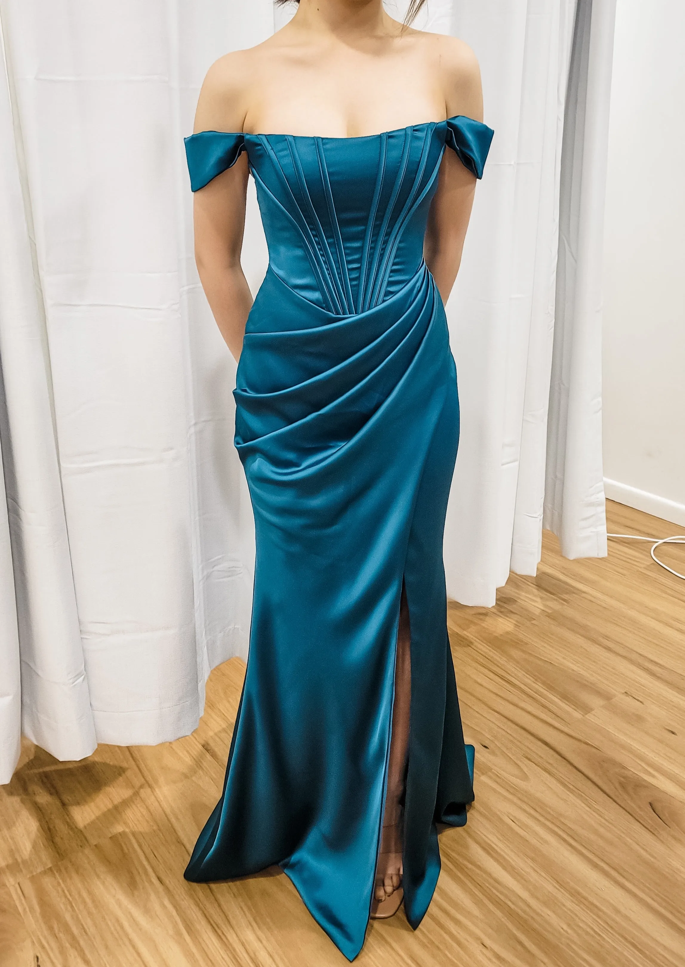 Teal Satin mermaid dress with ribbed corset and off the shoulder sleeves