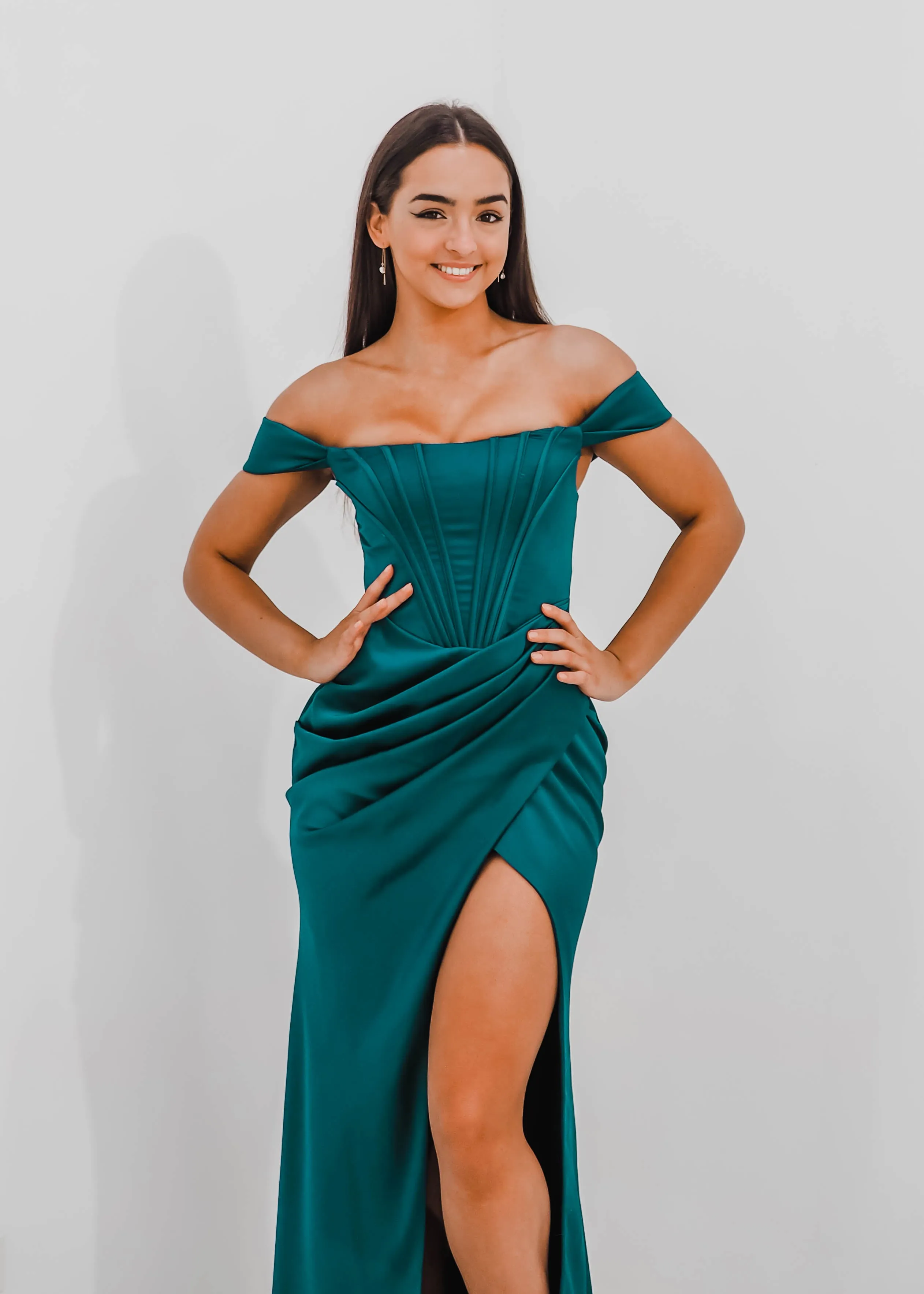 Teal Satin mermaid dress with ribbed corset and off the shoulder sleeves