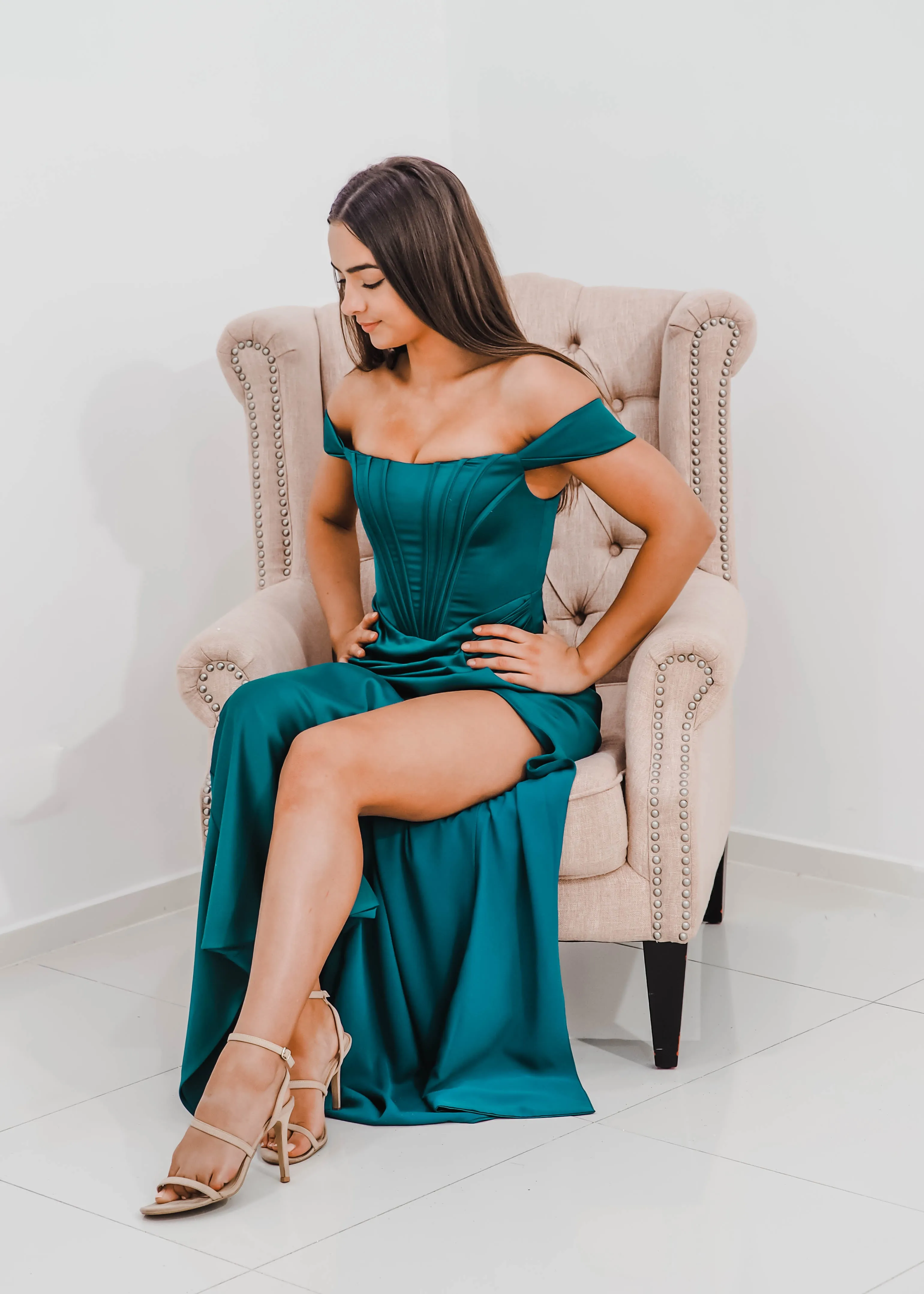 Teal Satin mermaid dress with ribbed corset and off the shoulder sleeves