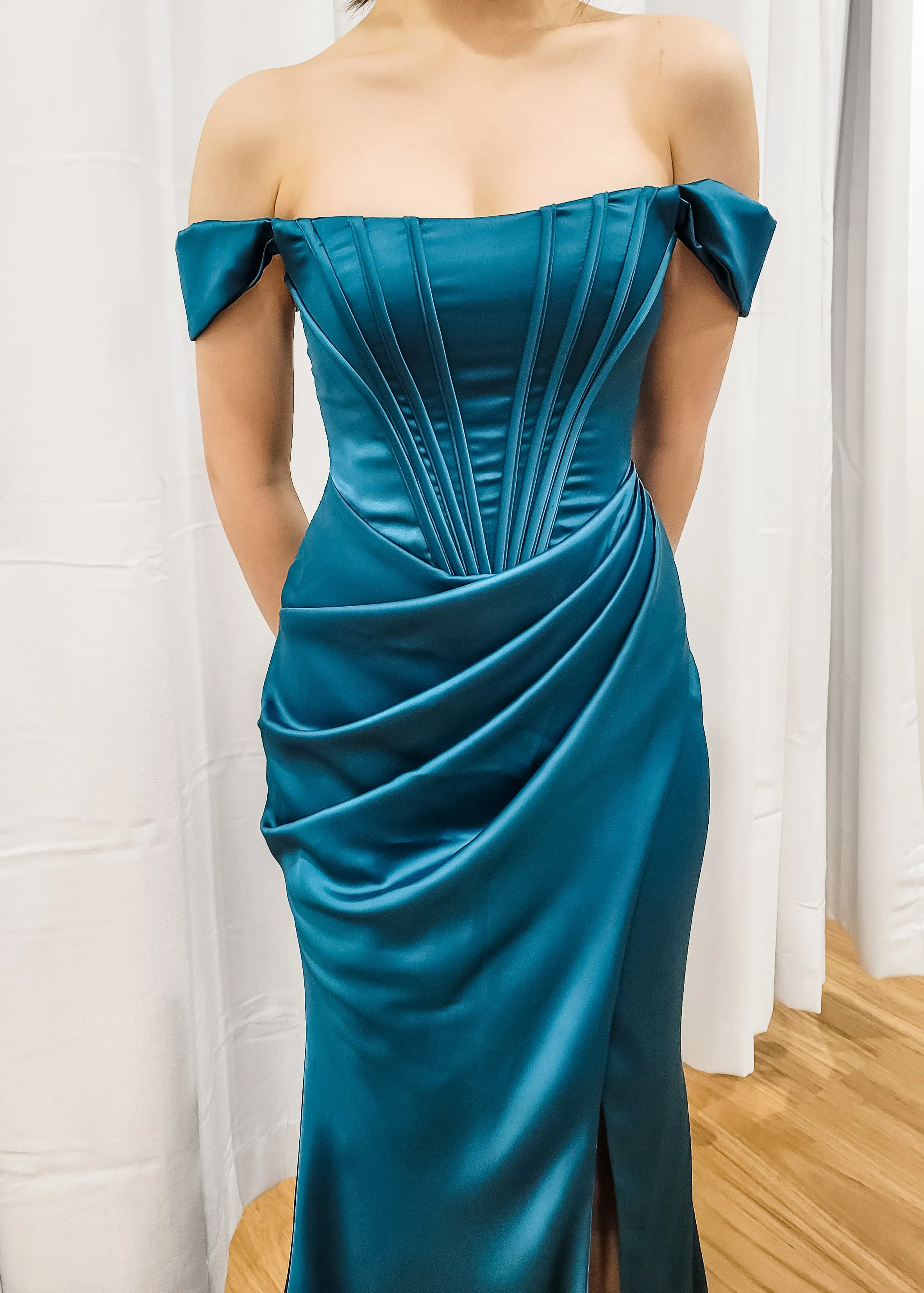 Teal Satin mermaid dress with ribbed corset and off the shoulder sleeves