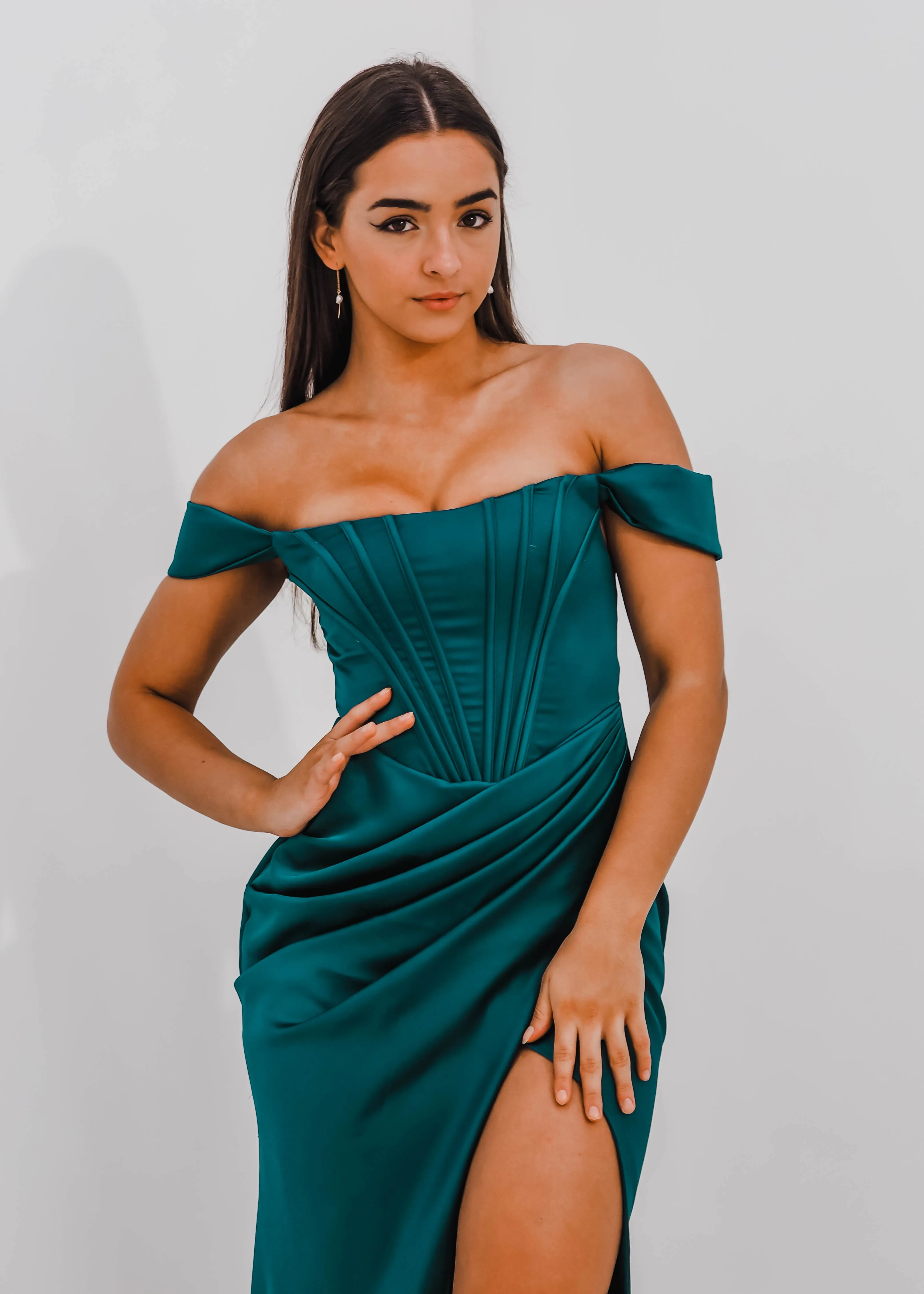 Teal Satin mermaid dress with ribbed corset and off the shoulder sleeves