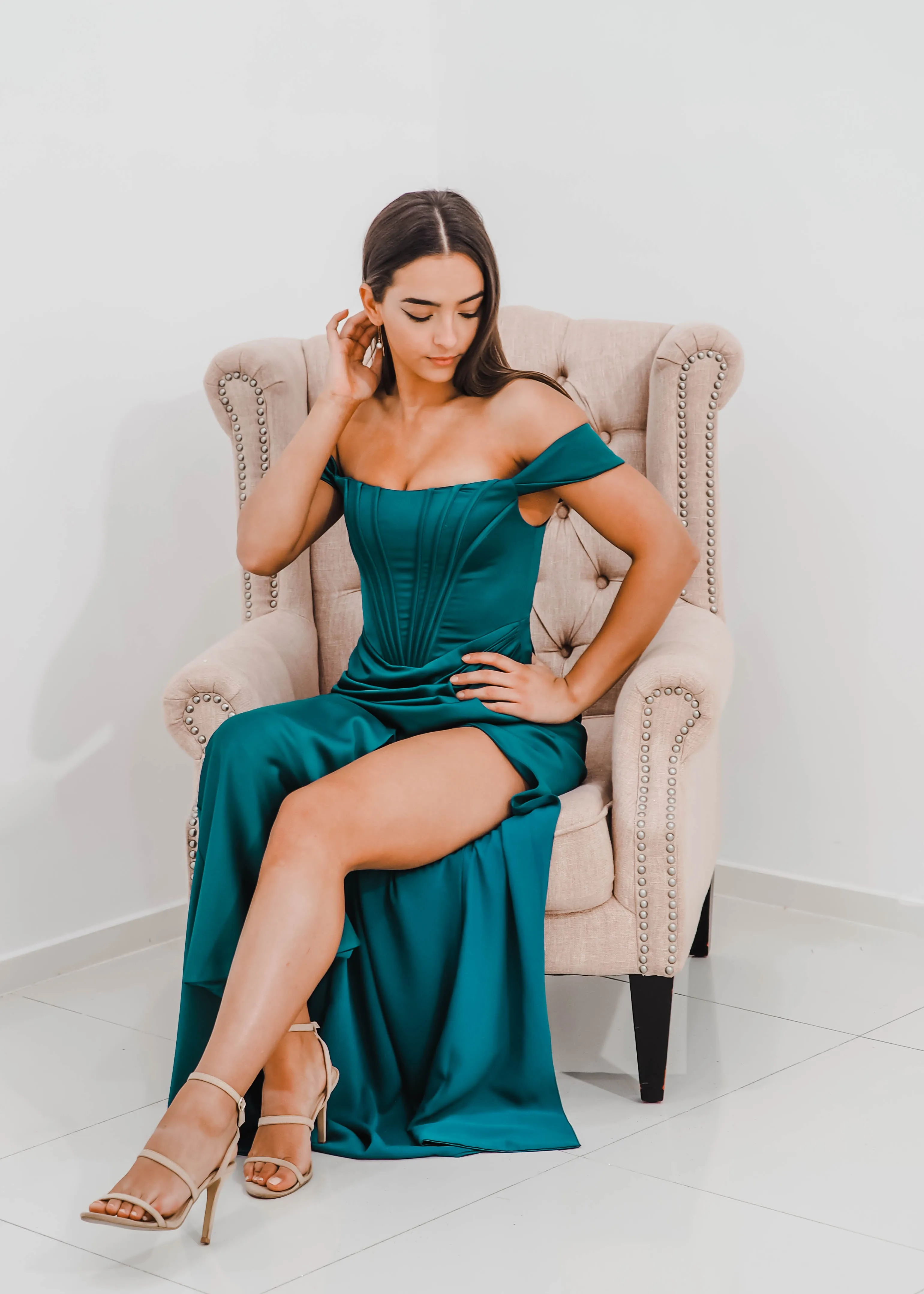 Teal Satin mermaid dress with ribbed corset and off the shoulder sleeves