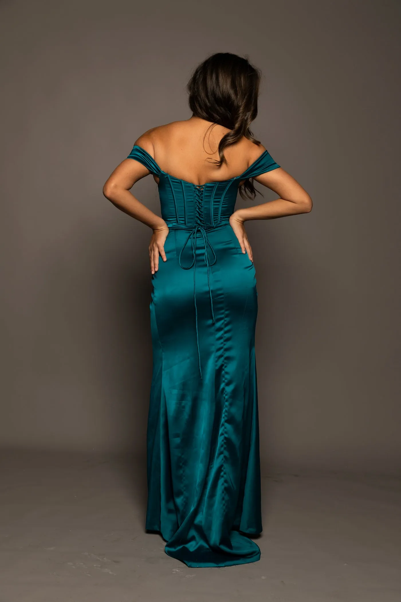 Teal Satin mermaid dress with ribbed corset and off the shoulder sleeves