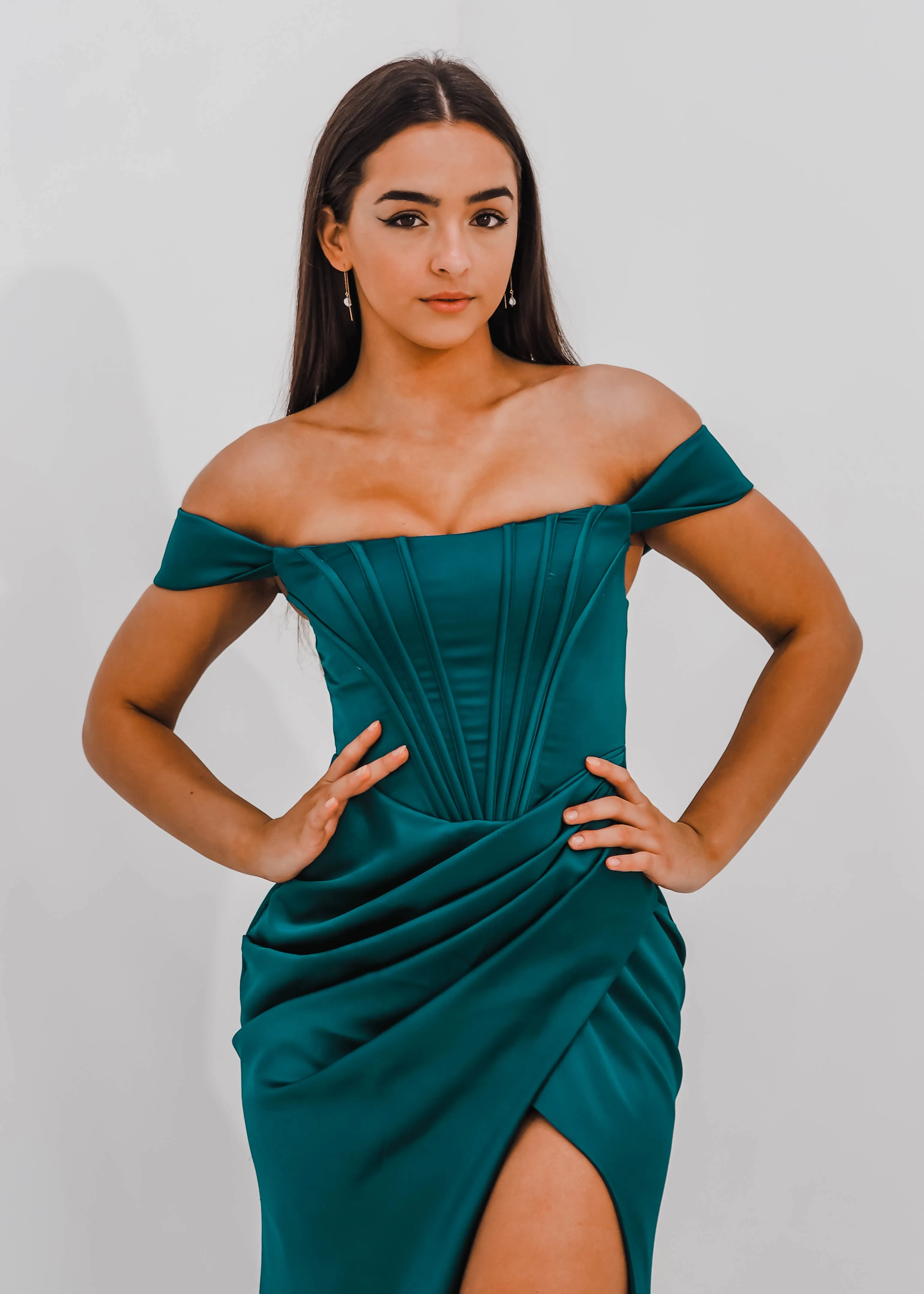 Teal Satin mermaid dress with ribbed corset and off the shoulder sleeves