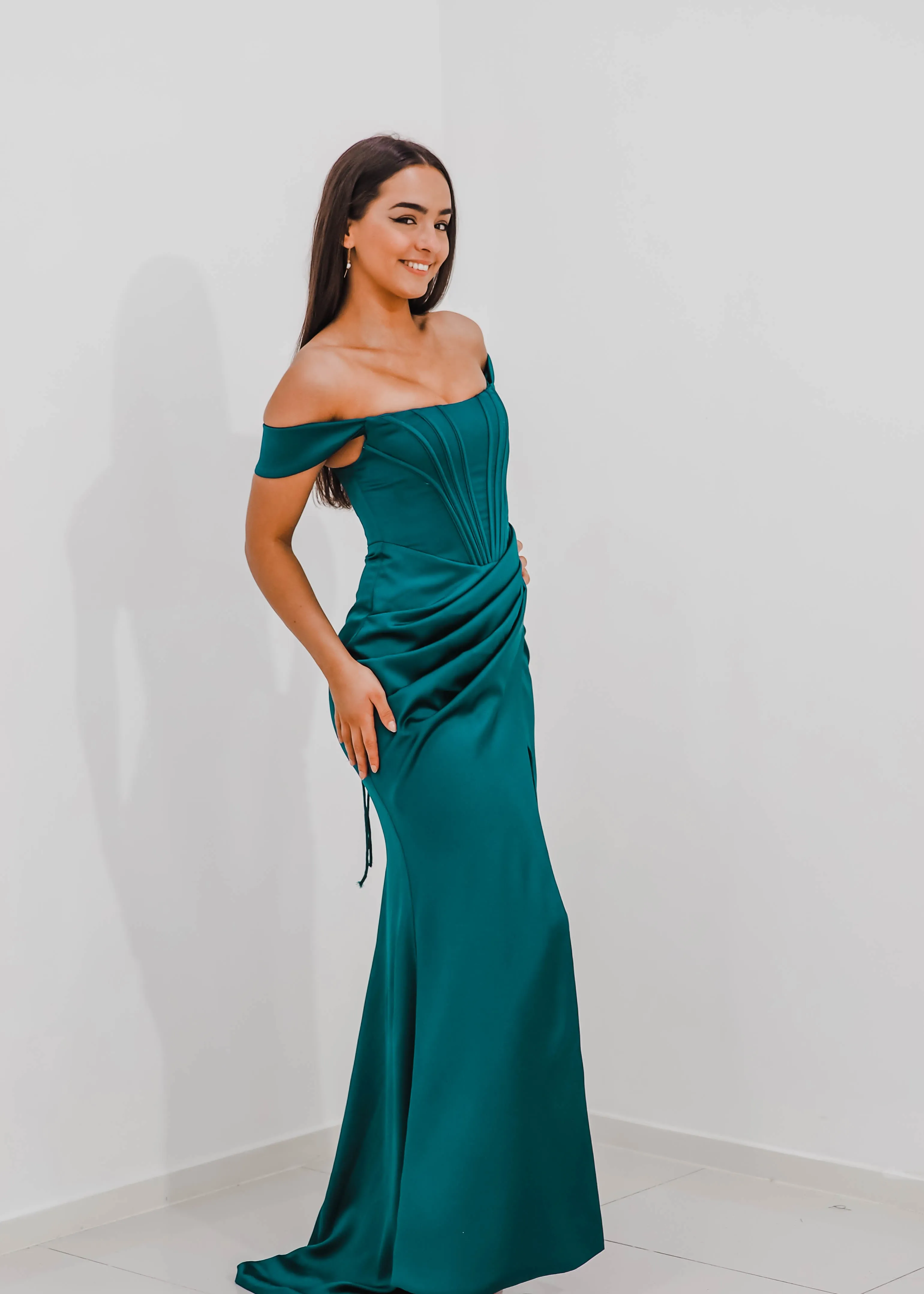 Teal Satin mermaid dress with ribbed corset and off the shoulder sleeves