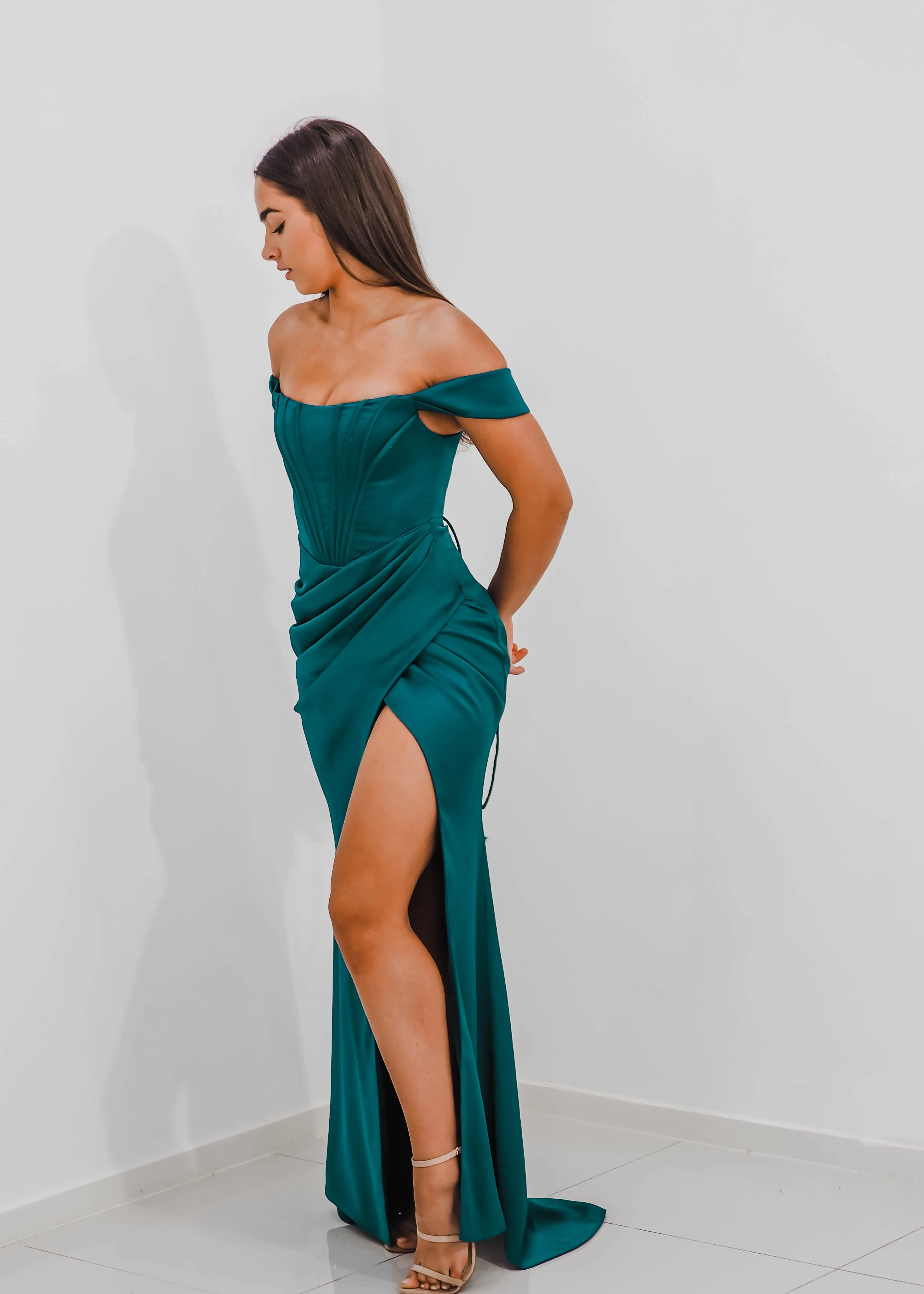 Teal Satin mermaid dress with ribbed corset and off the shoulder sleeves