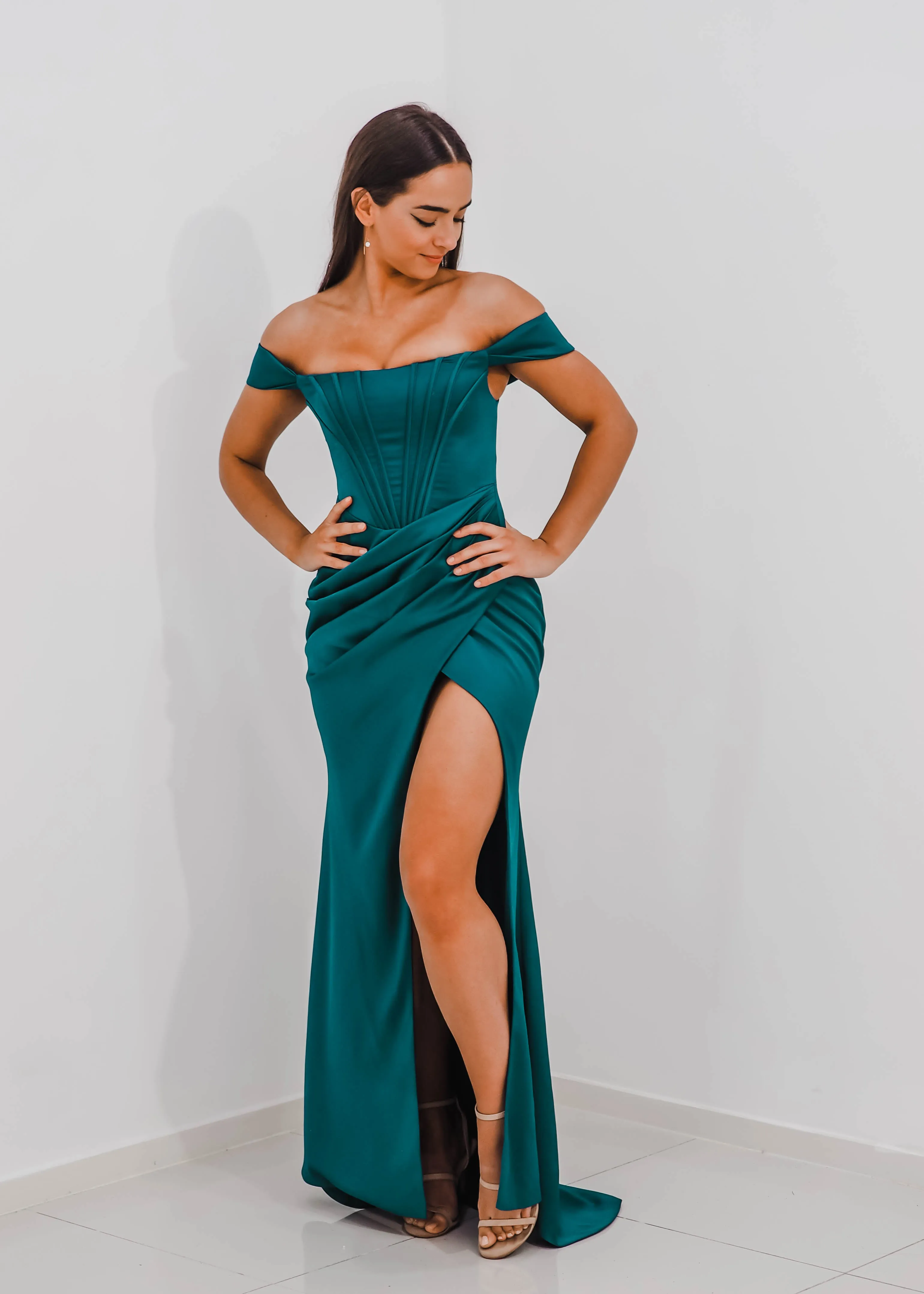 Teal Satin mermaid dress with ribbed corset and off the shoulder sleeves