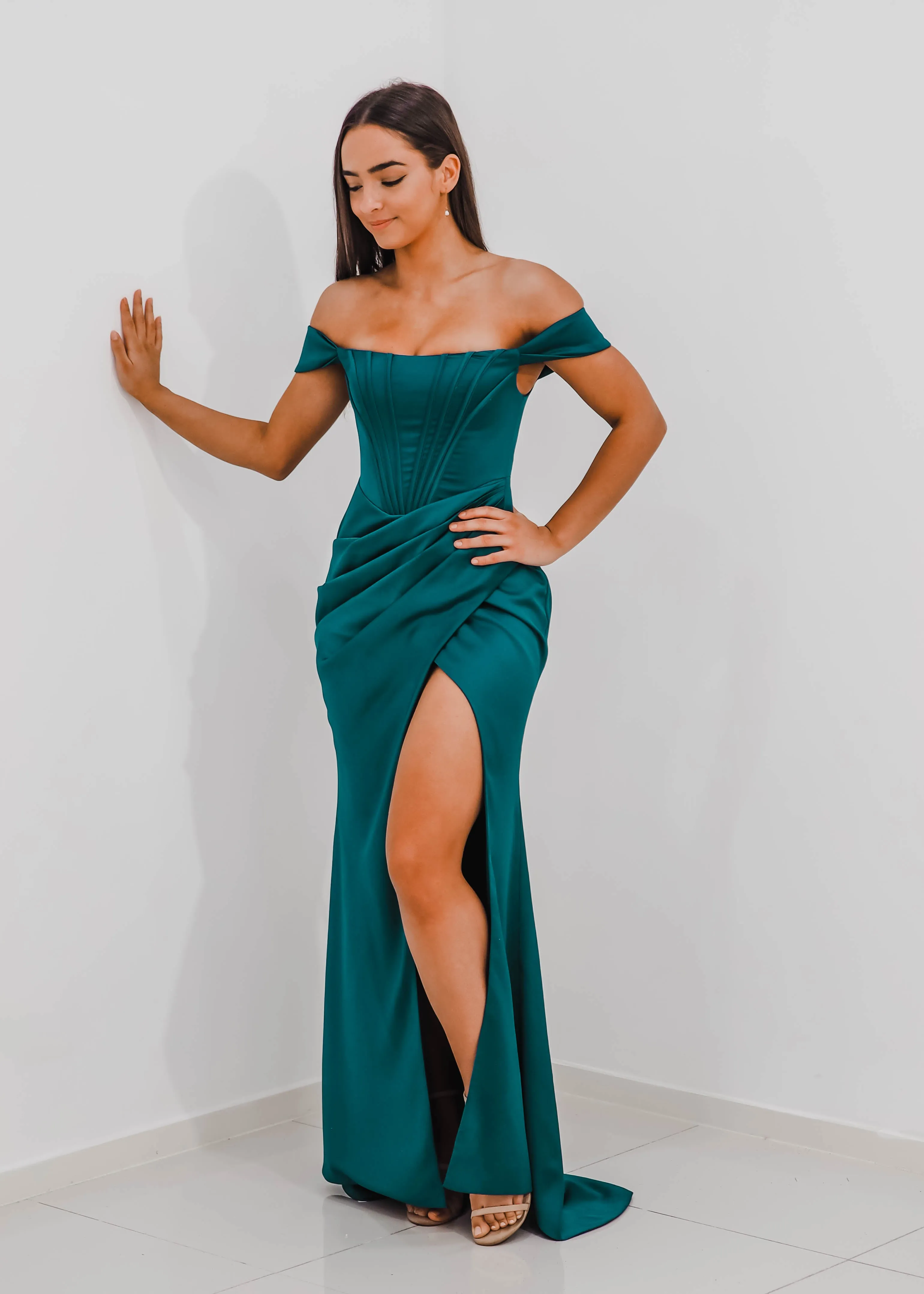 Teal Satin mermaid dress with ribbed corset and off the shoulder sleeves