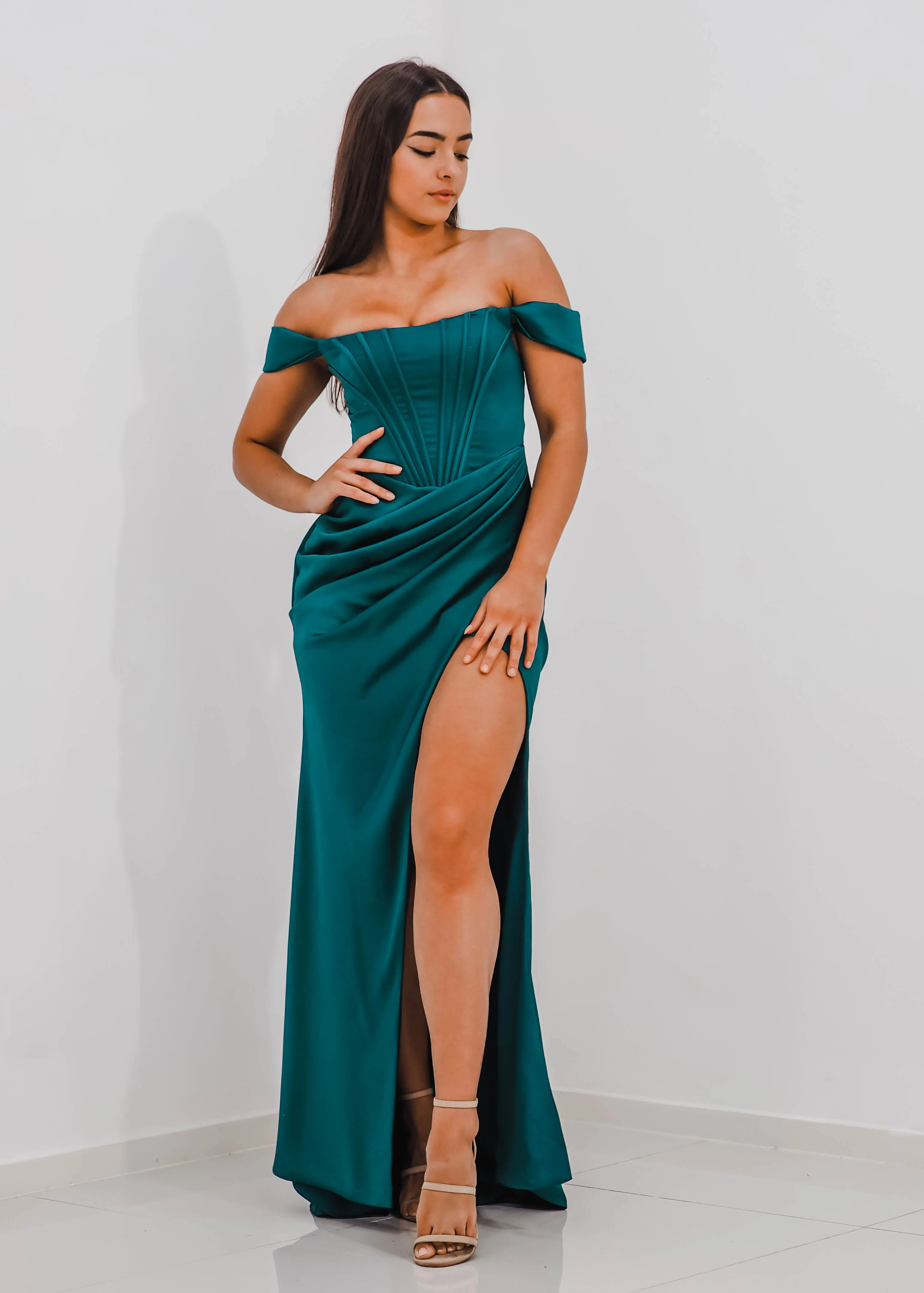 Teal Satin mermaid dress with ribbed corset and off the shoulder sleeves