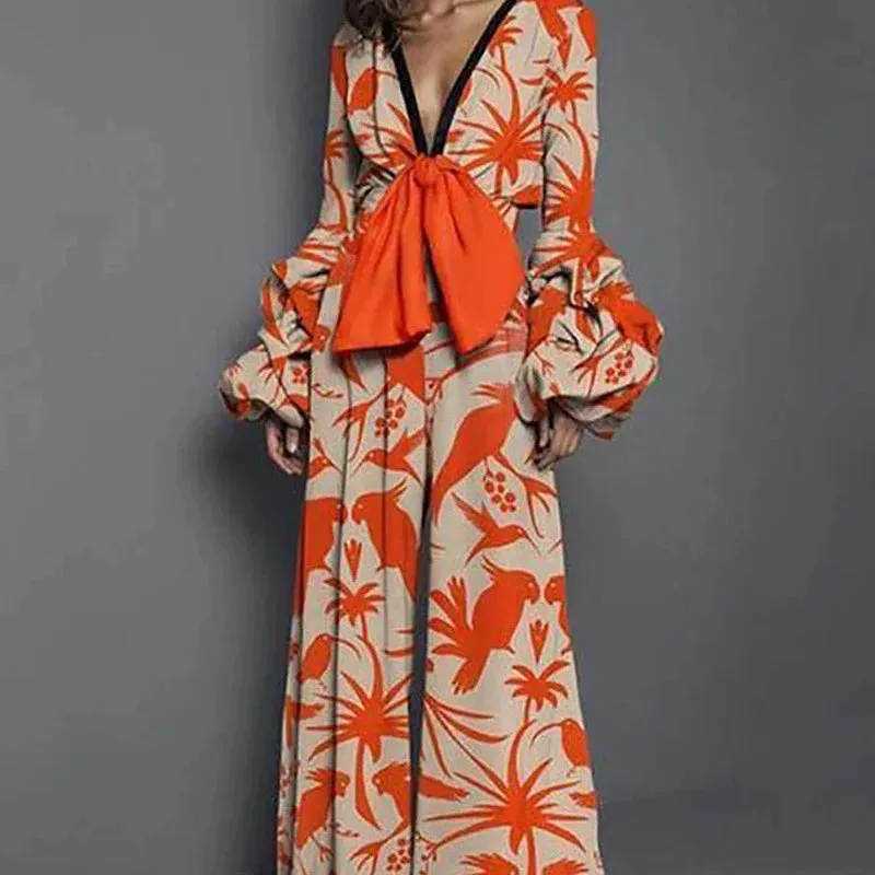 Thai Ruffled Bow Knot Khaki Orange Deep V Jumpsuit