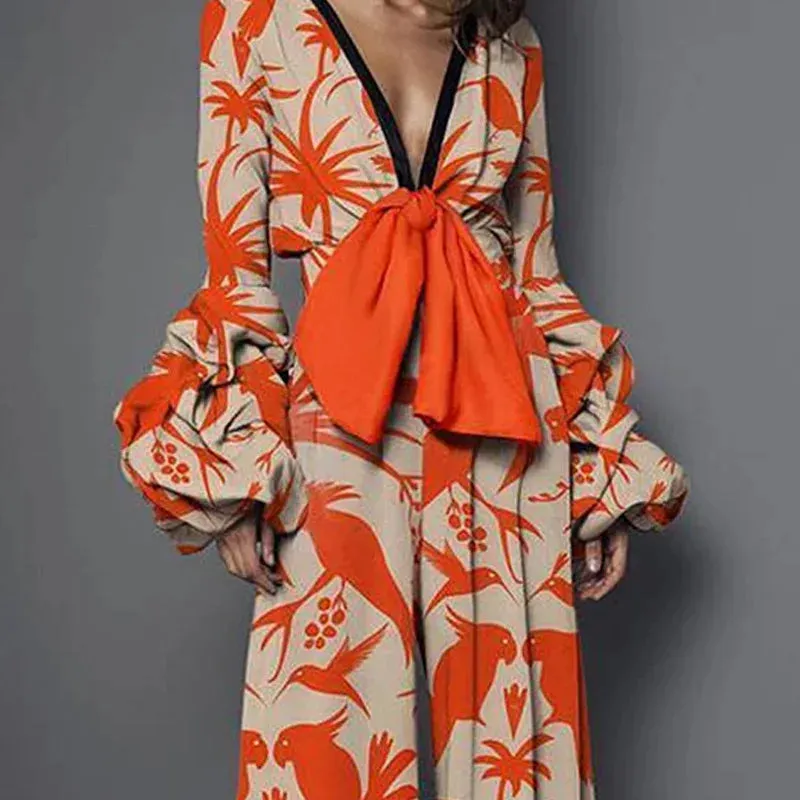 Thai Ruffled Bow Knot Khaki Orange Deep V Jumpsuit