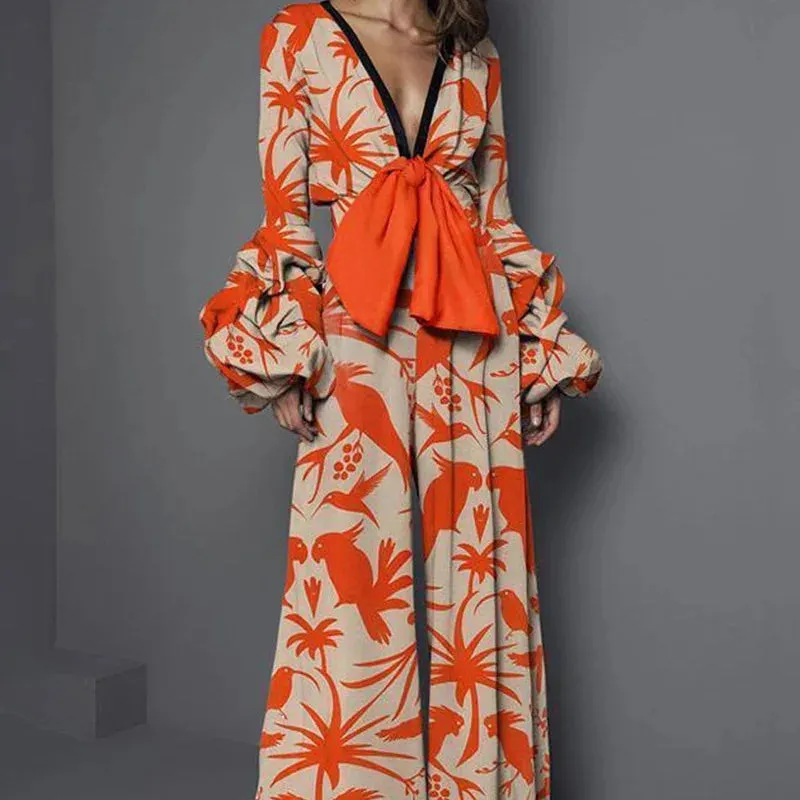 Thai Ruffled Bow Knot Khaki Orange Deep V Jumpsuit