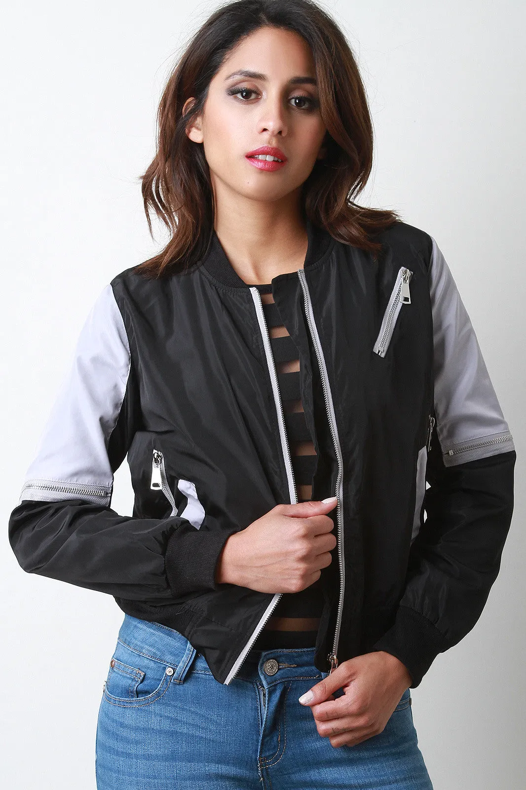 Two-Tone Zipper Bomber Jacket