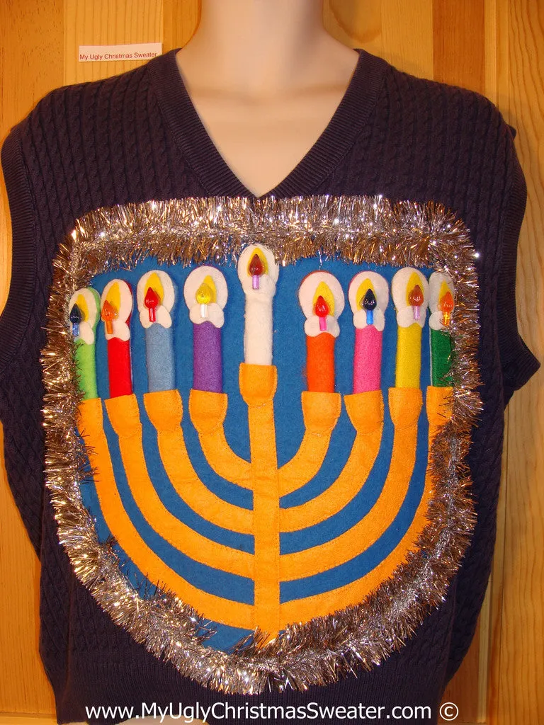 Ugly Christmas Sweater Party Hanukkah Sweater Mens with Menorah (j252)