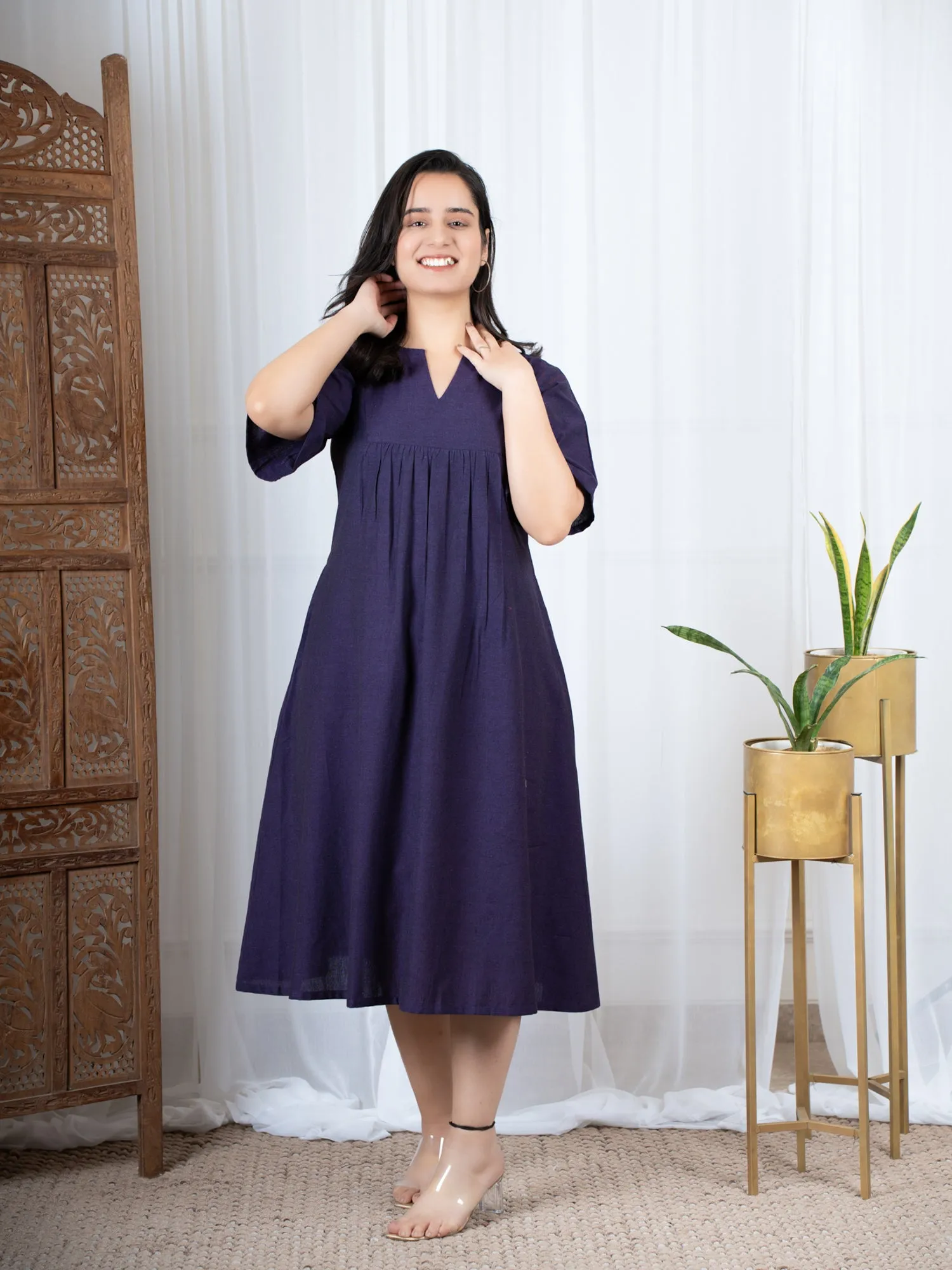 Vama Purple Ikkat Cotton Midi Dress