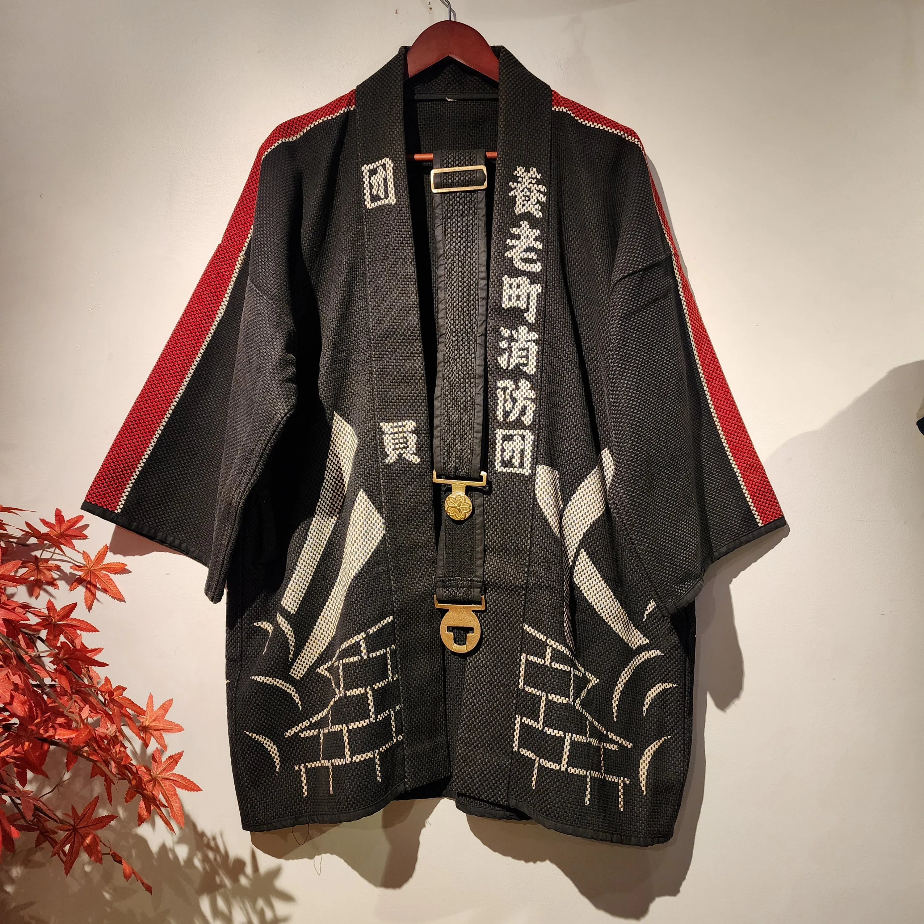 Vintage Japanese Fireman Hanten Jacket with Matoi Hikeshi Brick Wall Design & Belt