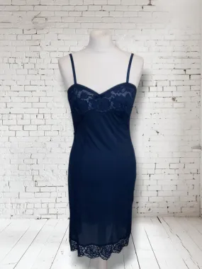 Vintage Navy 1960s St Michaels Satin Slip Lingerie Dress with lace trim UK 10