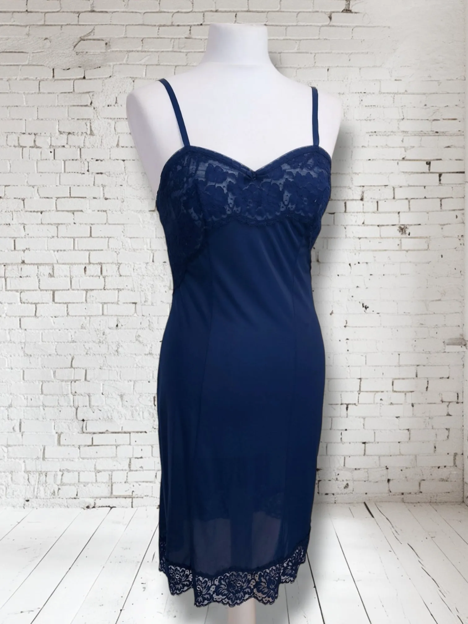 Vintage Navy 1960s St Michaels Satin Slip Lingerie Dress with lace trim UK 10